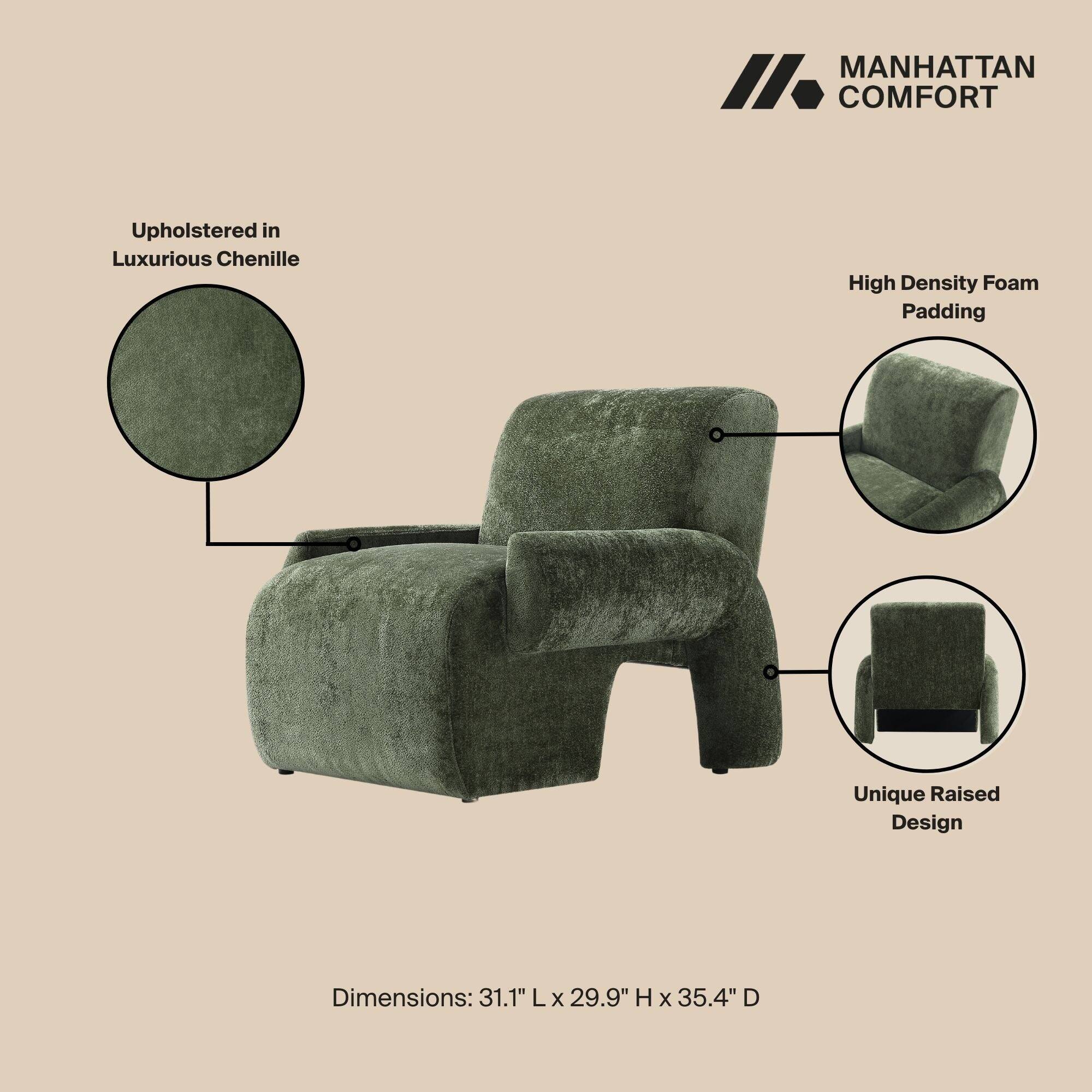 MANHATTAN COMFORT

Upholstered in Luxurious Chenille

High Density Foam Padding

Unique Raised Design

Dimensions: 31.1" L x 29.9" H x 35.4" D