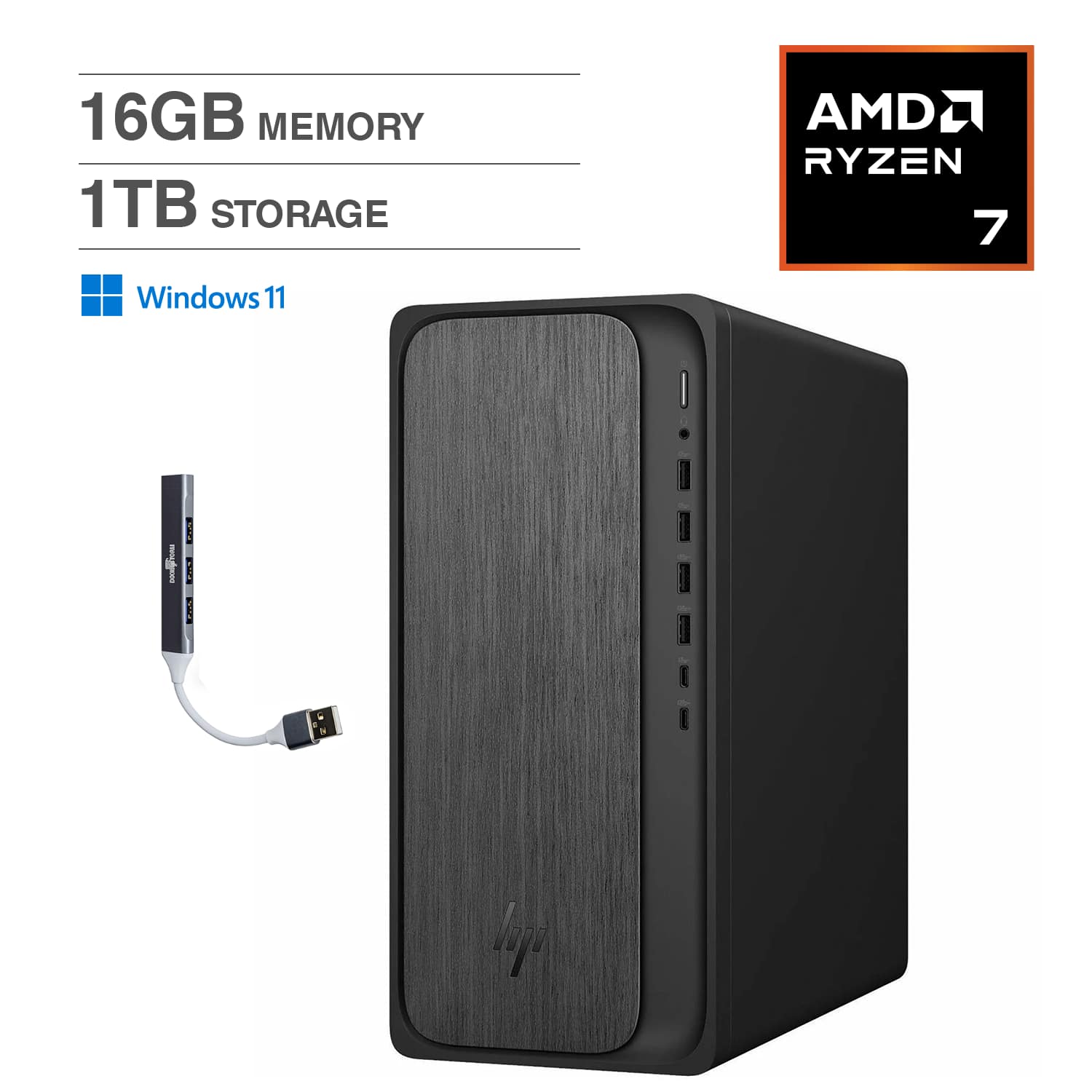 HP - OmniDesk Desktop (AMD Ryzen 7 8700G, 16GB DDR5, 1TB SSD, AMD Radeon 780M, Win 11 Home) w/USB Hub - Gray Wood