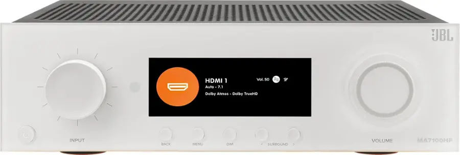 The text on the image reads "HDMI 1 Vol. 50 Auto - 7.1 Dolby Atmos . Dolby TrueHD." This text is grouped and corrected as follows:

"HDMI 1 Vol. 50 Auto - 7.1 Dolby Atmos . Dolby TrueHD (Input Back Menu Dim Surround Volume MA7100HP)."