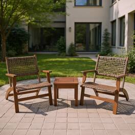 Kadyn - 3 Pieces Outdoor Wooden Patio Rattan Furniture Set, Small Patio Conversation Furniture Set - Brown