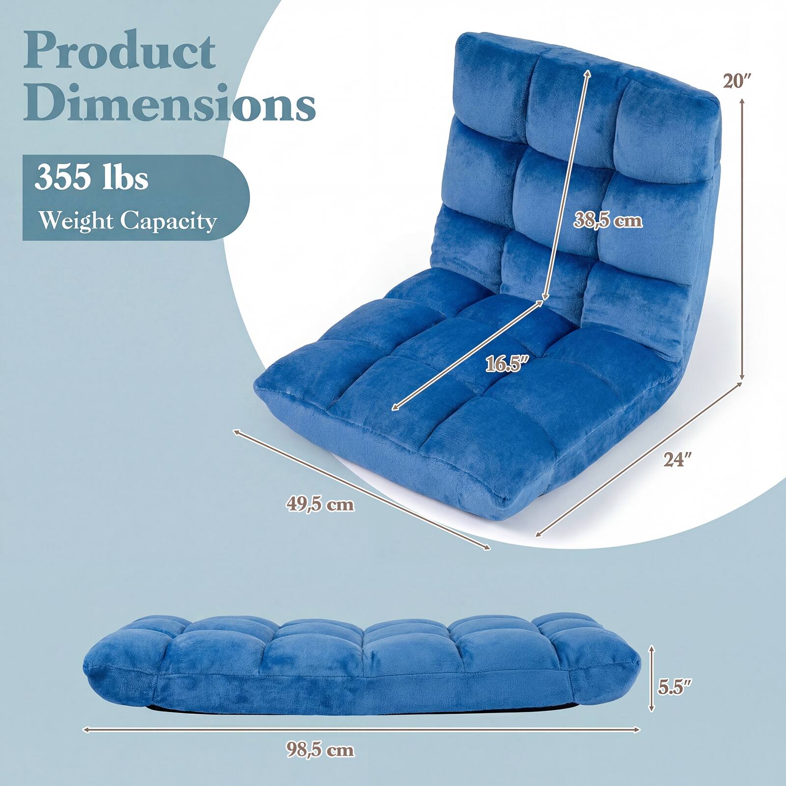 Product Dimensions: 20" x 355 lbs Weight Capacity: 38.5 cm x 16.5" x 24" x 49.5 cm x 5.5" x 98.5 cm