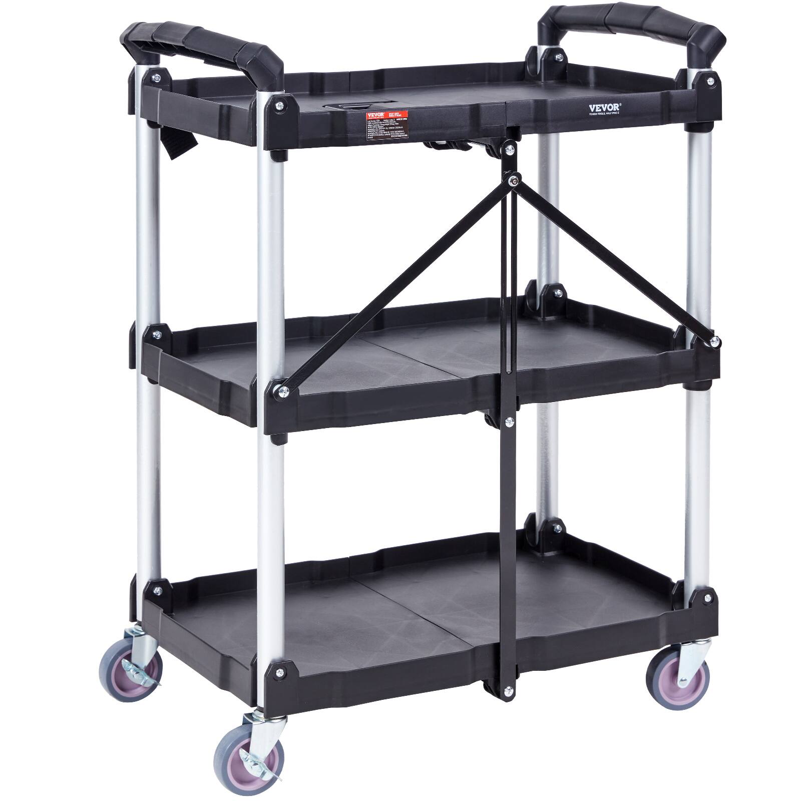 Alt View 5. VEVOR - Foldable Utility Service Cart, 3 Shelf 165LBS Heavy Duty Plastic Rolling Cart with Lockable Wheels, Ergonomic Handle - Grey.