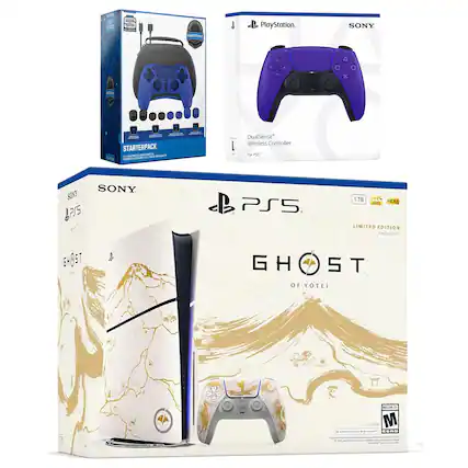 Sure, here is the corrected and grouped text from the image:
---
**PlayStation**
**SONY**
**DualSense™ Wireless Controller**
**For PS5™**
**STARTERPACK**
**1TB**
**4K**
**HDR**
**LIMITED EDITION**
**GHOST OF YOTEI**
**BHO5T**
**M**
**PEGI 16**
**SONY**
**PS5**
**1TB**
**4K**
**HDR**
**LIMITED EDITION**
**GHOST OF YOTEI**
**BHO5T**
**M**
**PEGI 16**
---
This text is grouped based on the visible elements in the image.