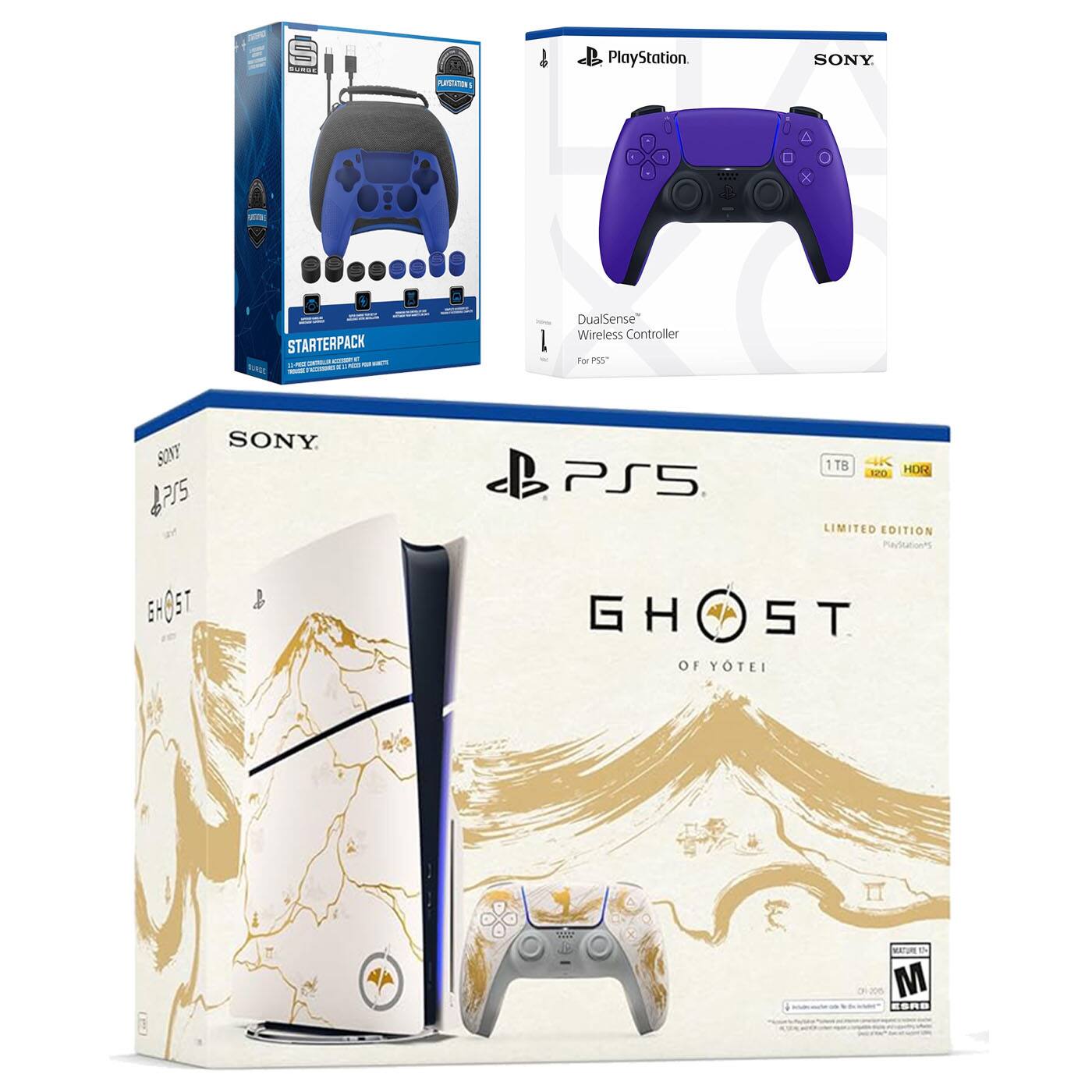 Sure, here is the corrected and grouped text from the image:

---

**PlayStation**

**SONY**

**DualSense™ Wireless Controller**

**For PS5™**

**STARTERPACK**

**1TB**

**4K**

**HDR**

**LIMITED EDITION**

**GHOST OF YOTEI**

**BHO5T**

**M**

**PEGI 16**

**SONY**

**PS5**

**1TB**

**4K**

**HDR**

**LIMITED EDITION**

**GHOST OF YOTEI**

**BHO5T**

**M**

**PEGI 16**

---

This text is grouped based on the visible elements in the image.