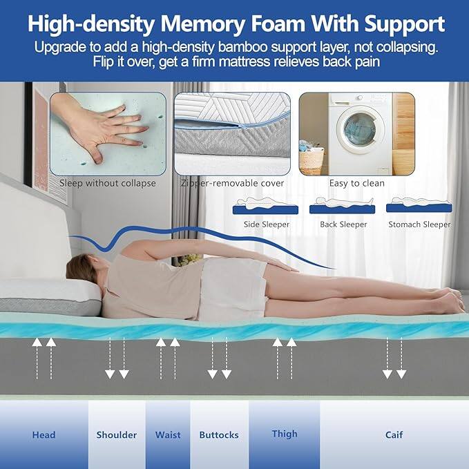 High-density Memory Foam With Support Upgrade to add a high-density bamboo support layer, not collapsing. Flip it over, get a firm mattress relieves back pain. Sleep without collapse. Zipper-removable cover. Easy to clean. Side Sleeper. Back Sleeper. Stomach Sleeper. Head. Shoulder. Waist. Buttocks. Thigh. Calf.