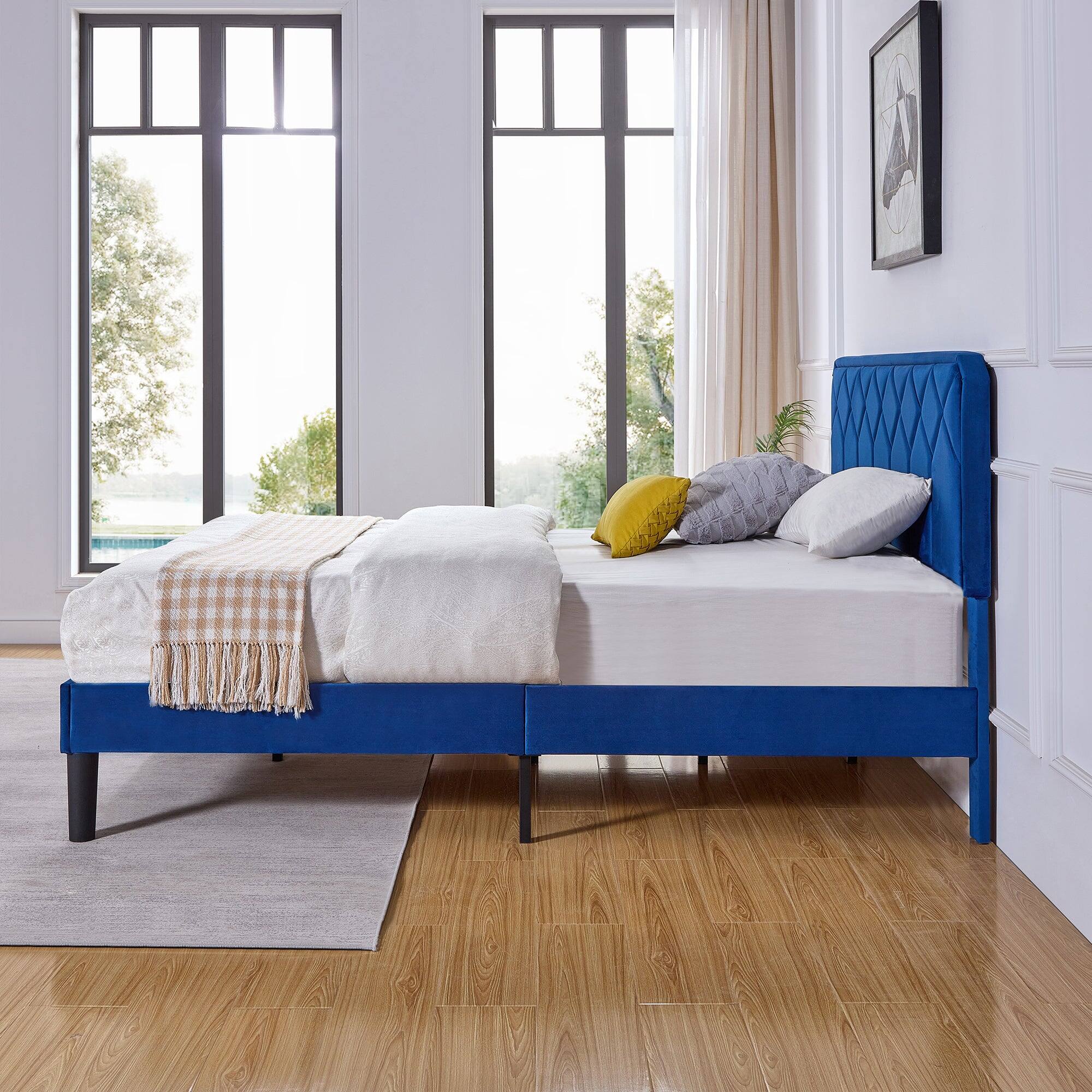 Alt View 1. Vecelo - Queen Size Upholstered Bed With Adjustable Headboard And Underbed Storage - Metal Platform Bed,Quiet Design - Dark Blue.