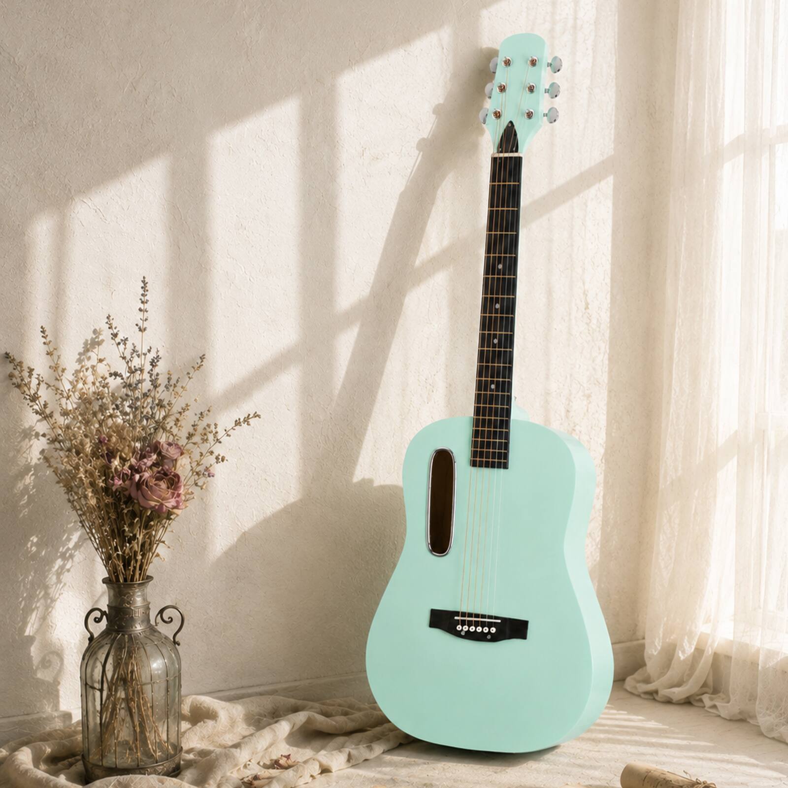 Left. Winado - 38 Inch Steel-String Acoustic Guitar Kit for Beginners Includes Picks,Extra Strings,Capo,Gig Bag,Strap & Wrench - Green.