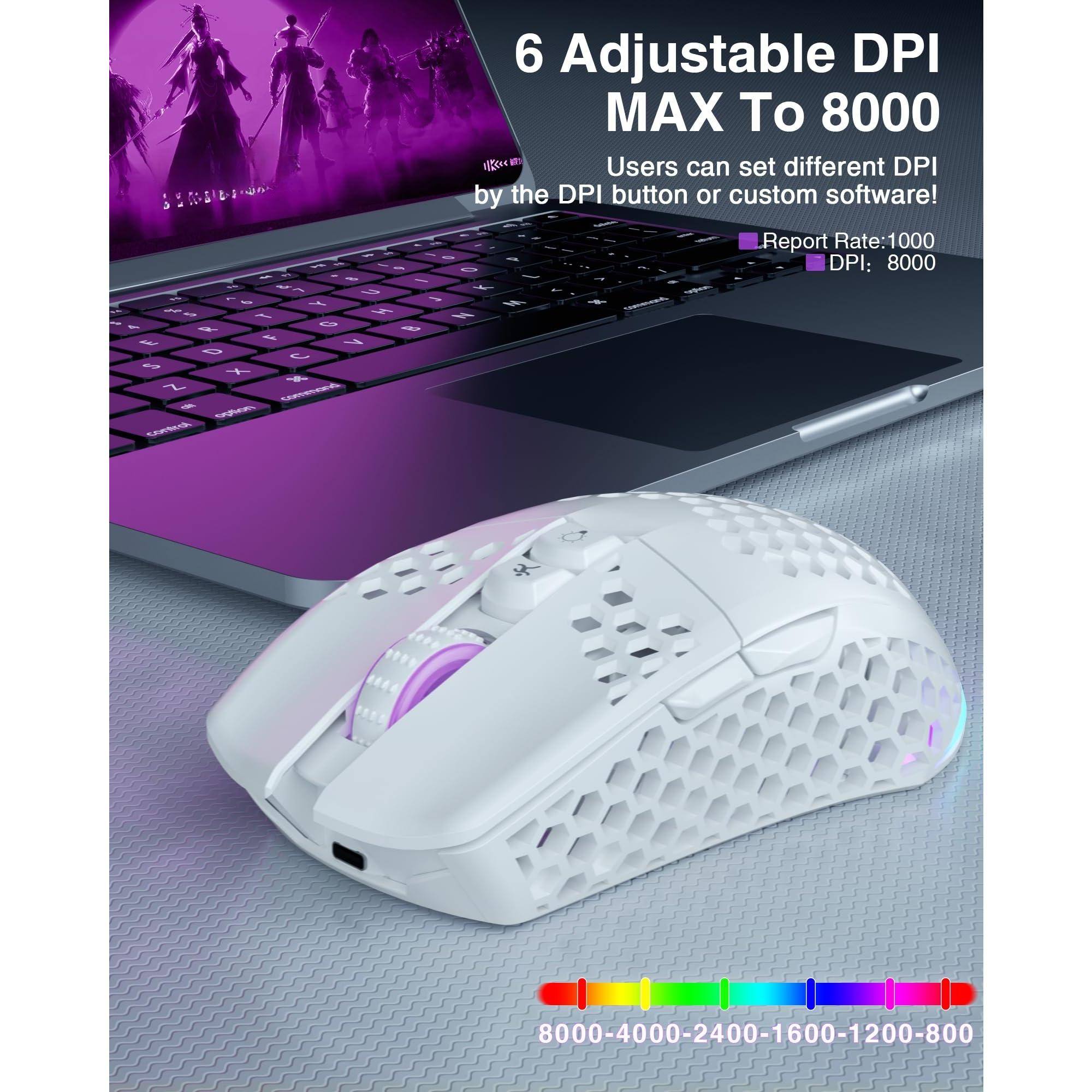 6 Adjustable DPI MAX To 8000

Users can set different DPI by the DPI button or custom software!

- Report Rate: 1000
- DPI: 8000

8000-4000-2400-1600-1200-800