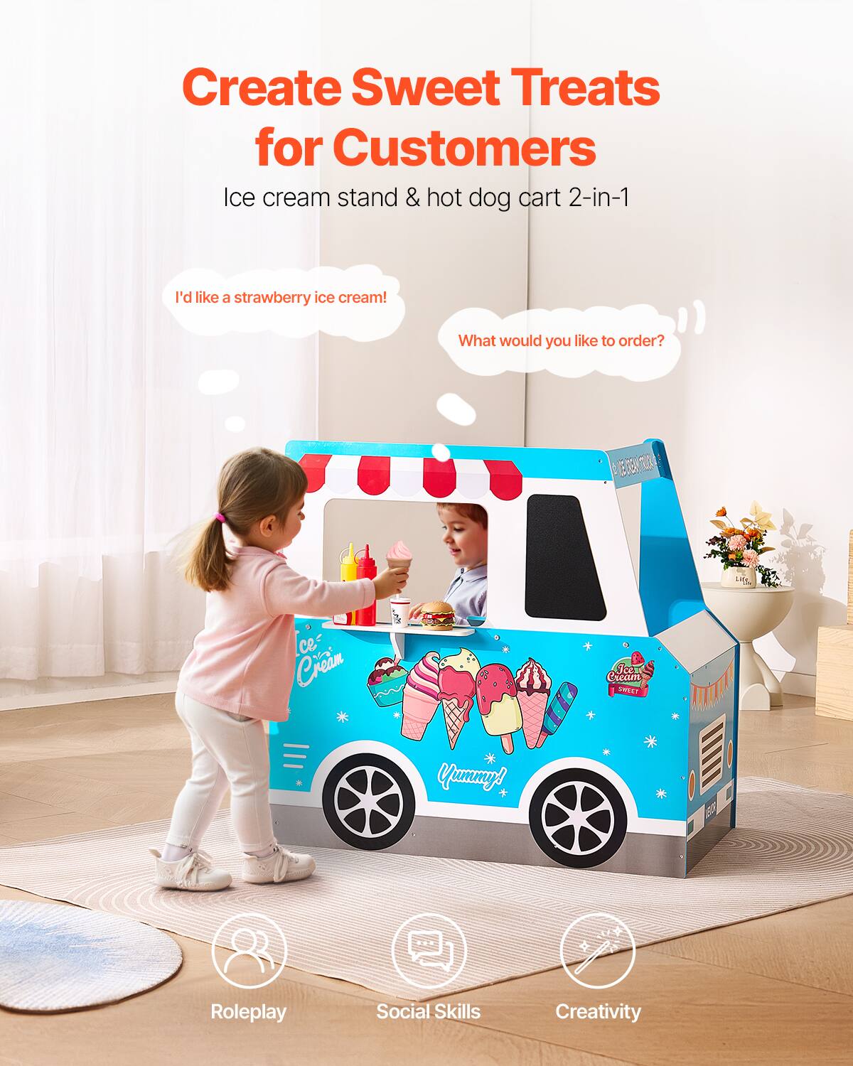 Create Sweet Treats for Customers  
Ice cream stand & hot dog cart 2-in-1  

I'd like a strawberry ice cream!  
What would you like to order?  

Roleplay  
Social Skills  
Creativity