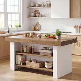 Tribesigns - 55 Inch Kitchen Island Table with 2-Tier Storage - Brown & White