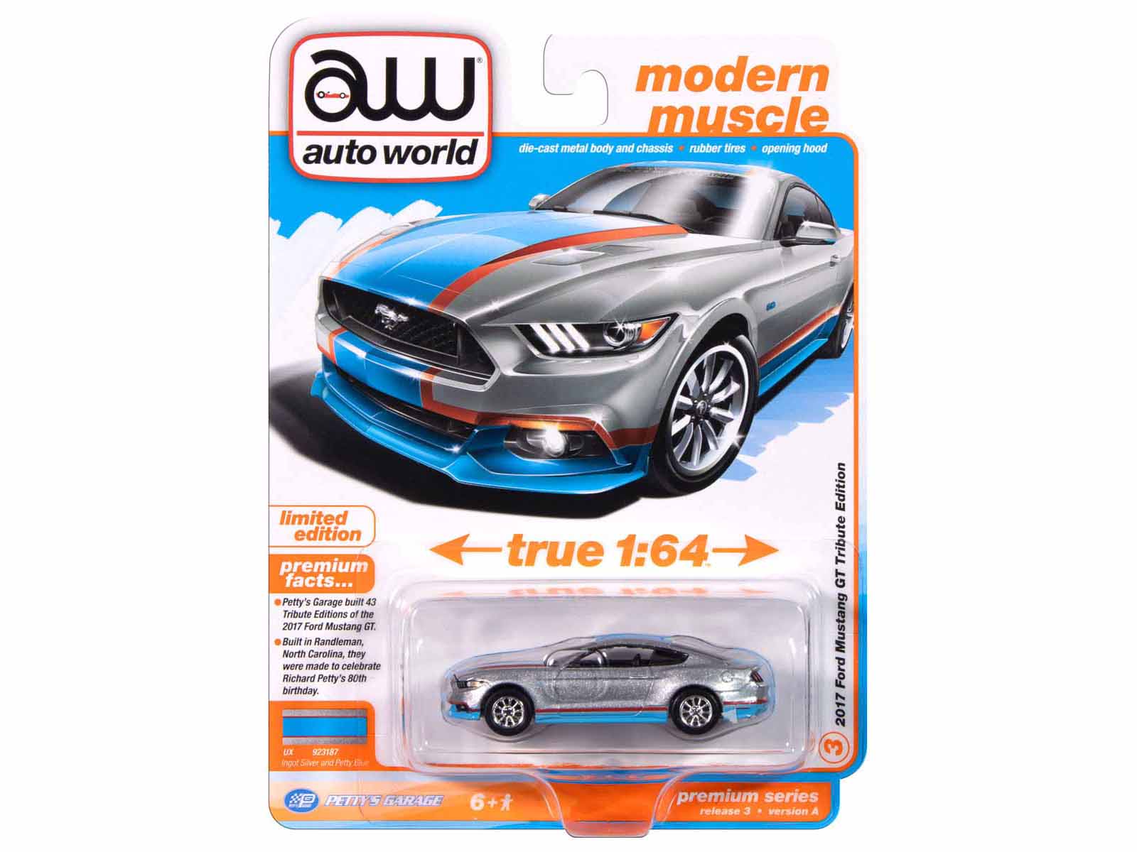 Modern Muscle Auto World die-cast metal body and chassis rubber tires opening hood limited edition premium facts... Petty's Garage built 43 Tribute Editions of the 2017 Ford Mustang GT. Built in Randolph, North Carolina, they were made to celebrate Richard Petty's 80th birthday. LX Tareo are Per true 1:64 Edition Tribute GT Mustang Ford 2017 3 P PETTY S GARAGE 6+* premium series release 3 version A