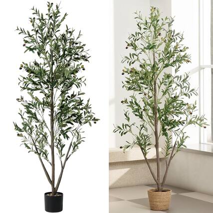 Front. NOVAROOT - 6FT Artificial Olive Trees Indoor Tall Faux Olive Tree with Lights Moss and Planter for Home Decor - Green.