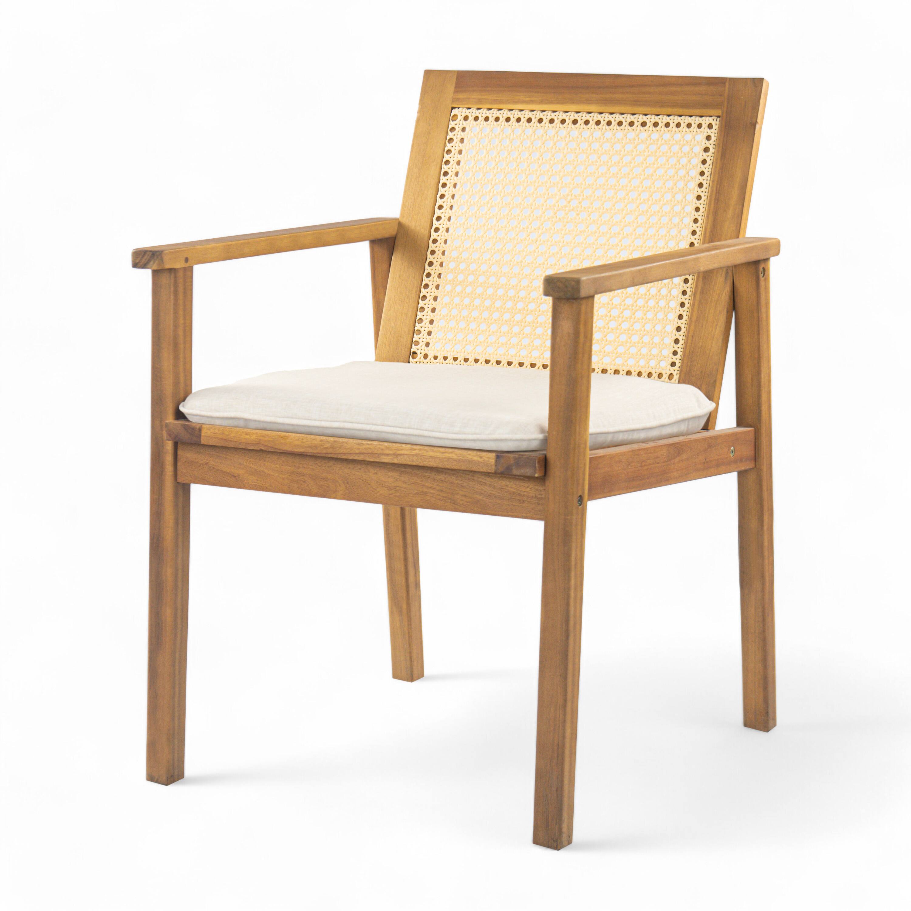 Left. Mondawe - Set of 2 Wicker Outdoor Dining Chair with Cushion - Teak+ Beige.