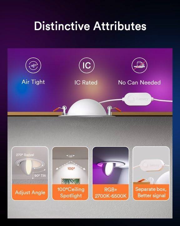 Distinctive Attributes

- Air Tight
- IC Rated
- No Can Needed

- 270° Swivel
- 90° Tilt
- Adjust Angle
- 100° Ceiling Spotlight
- RGB+ 2700K-6500K
- Separate box, Better signal