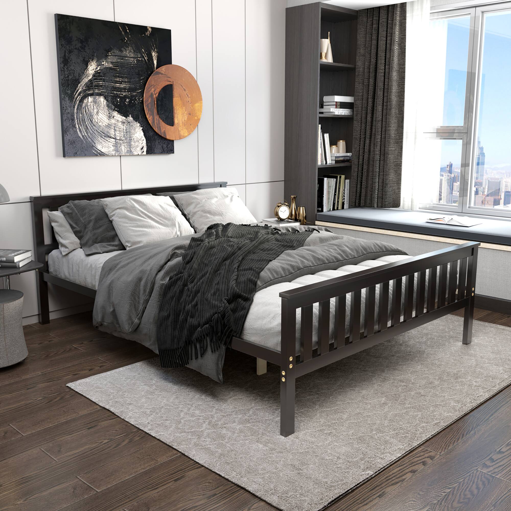 Alt View 1. Costway - Costway Queen Wood Platform Bed with Headboard and Footboard Mattress Foundation - Brown.