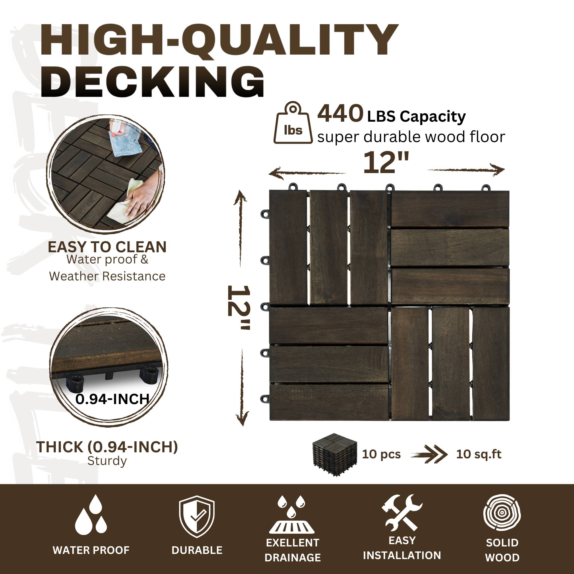 HIGH-QUALITY DECKING

- 440 LBS Capacity
- super durable wood floor
- 12" wide
- 0.94-INCH thick
- 10 pcs
- 10 sq.ft

EASY TO CLEAN
Water proof & Weather Resistance

THICK (0.94-INCH)
Sturdy

WATER PROOF
DURABLE
EXCELLENT DRAINAGE
EASY INSTALLATION
SOLID WOOD