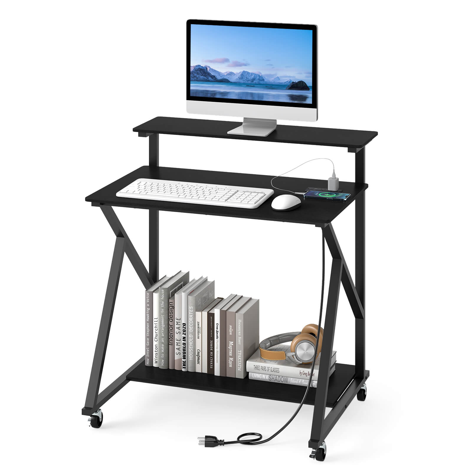 Costway - Rolling Computer Desk, 32" Laptop Desk with Charging Station & Monitor Shelf - Black