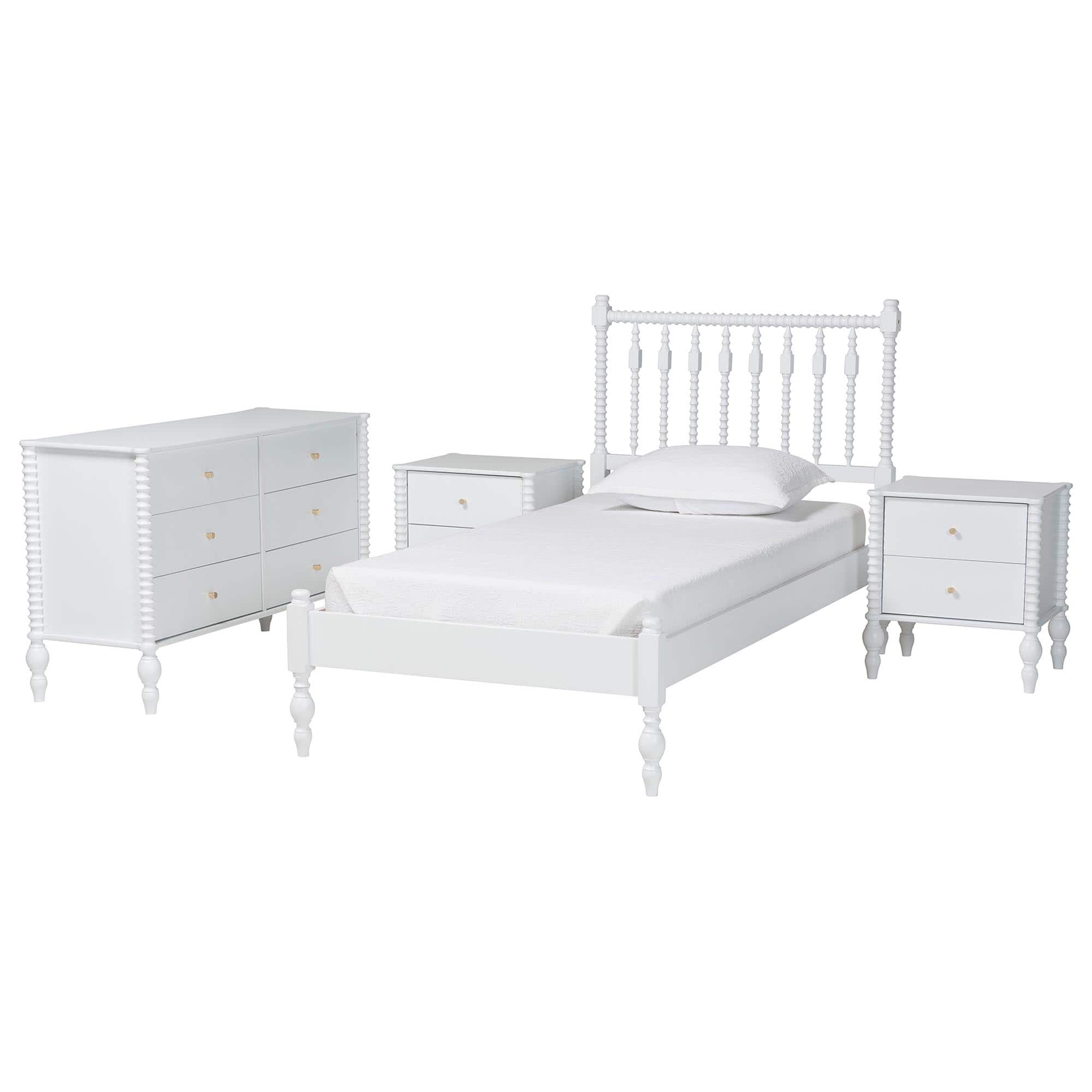 Baxton Studio - Callison Spindle 4-Piece Bedroom Set - Platform Bed with Matching Dresser and 2-Drawer Nightstands, Twin - White