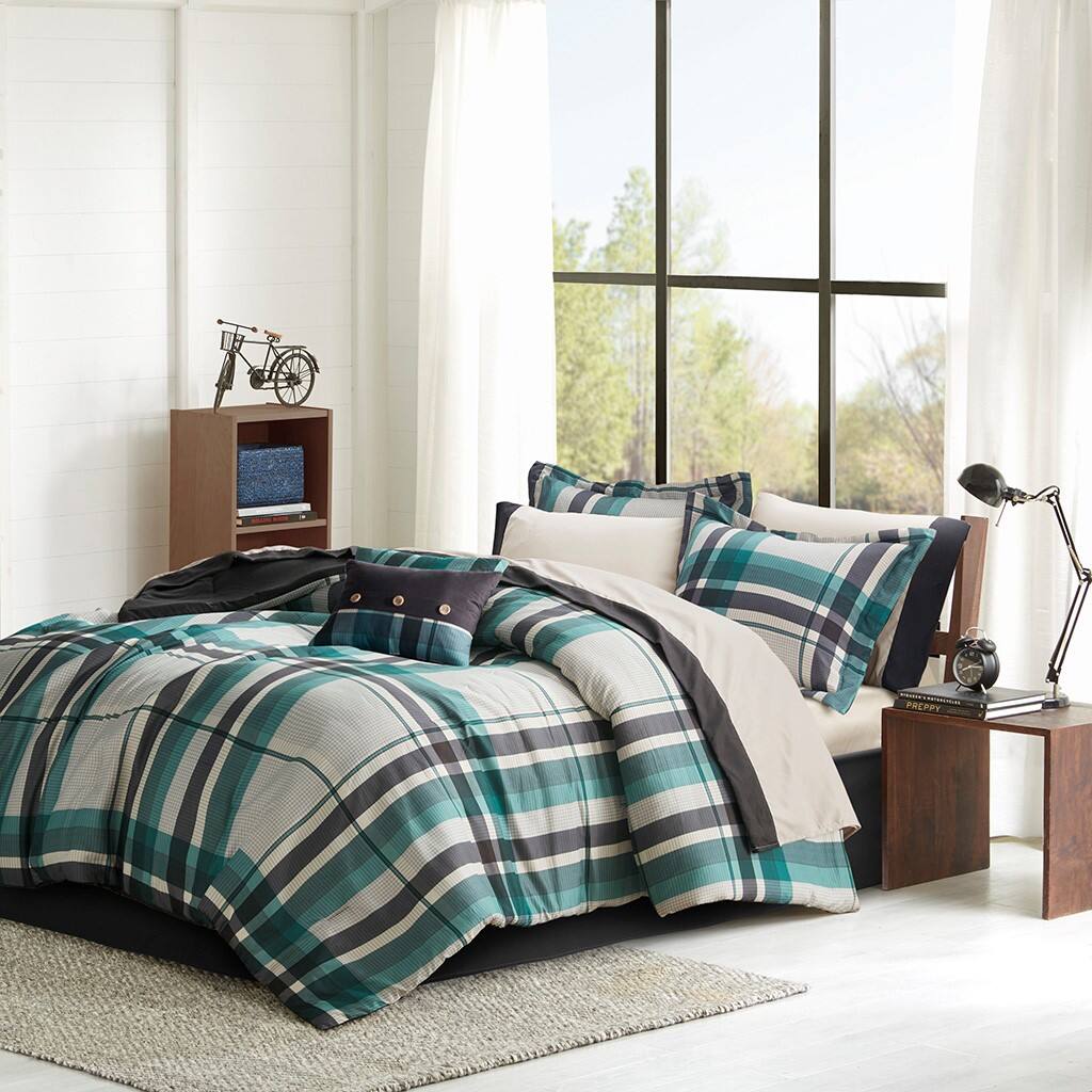 Alt View 1. Gracie Mills - Gracie Mills Lirael Classic Plaid Brushed Microfiber Comforter Set with Bed Sheets - Teal/Black.