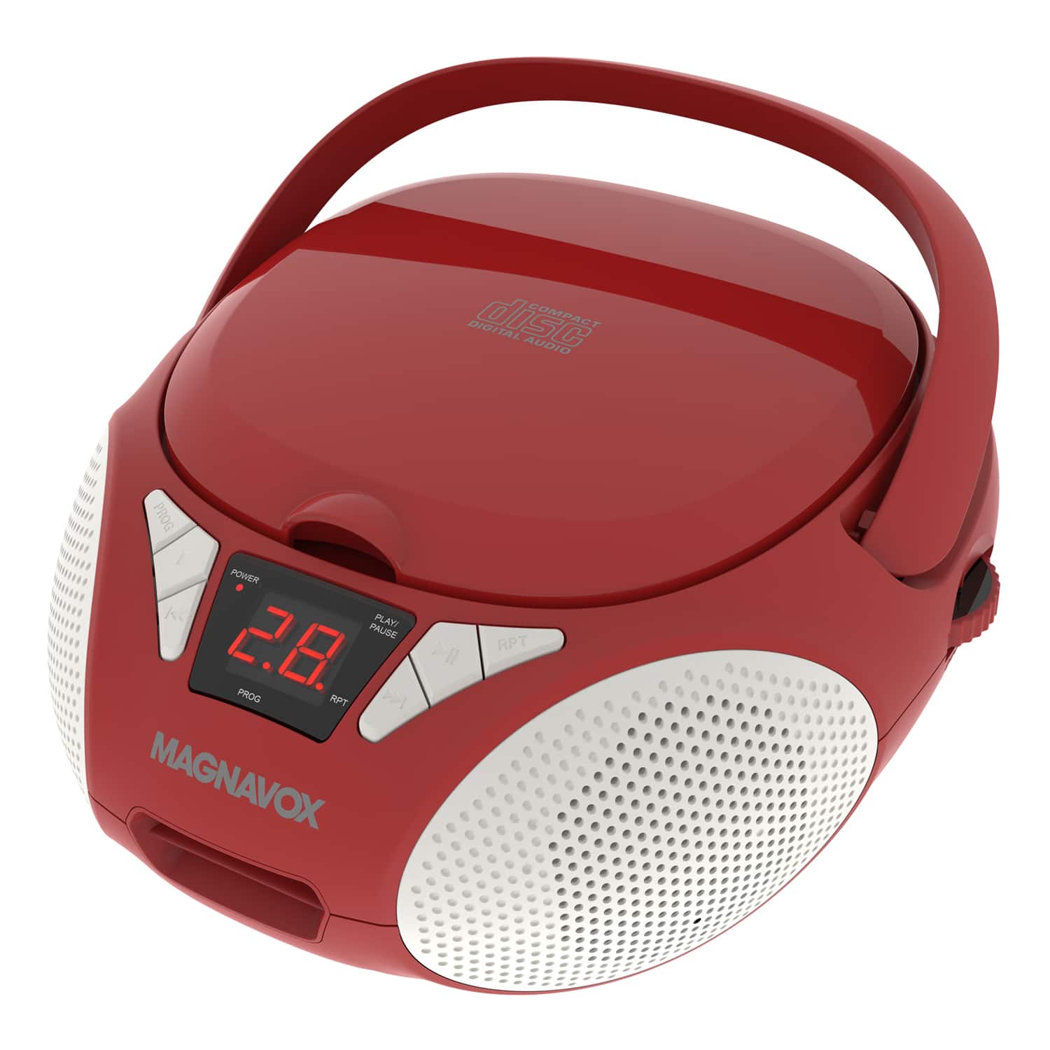Magnavox - 10W Portable CD Cassette AM/FM Radio Boom Box, Aux, Telescoping Antenna, Carry Handle, AC/Battery, MRCD6924 - Red