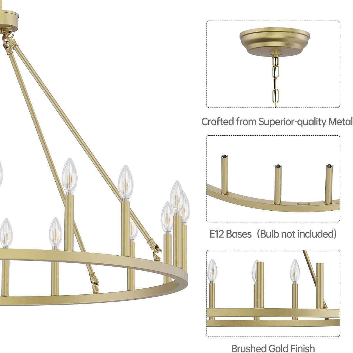 Crafted from Superior-quality Metal  
E12 Bases (Bulb not included)  
Brushed Gold Finish
