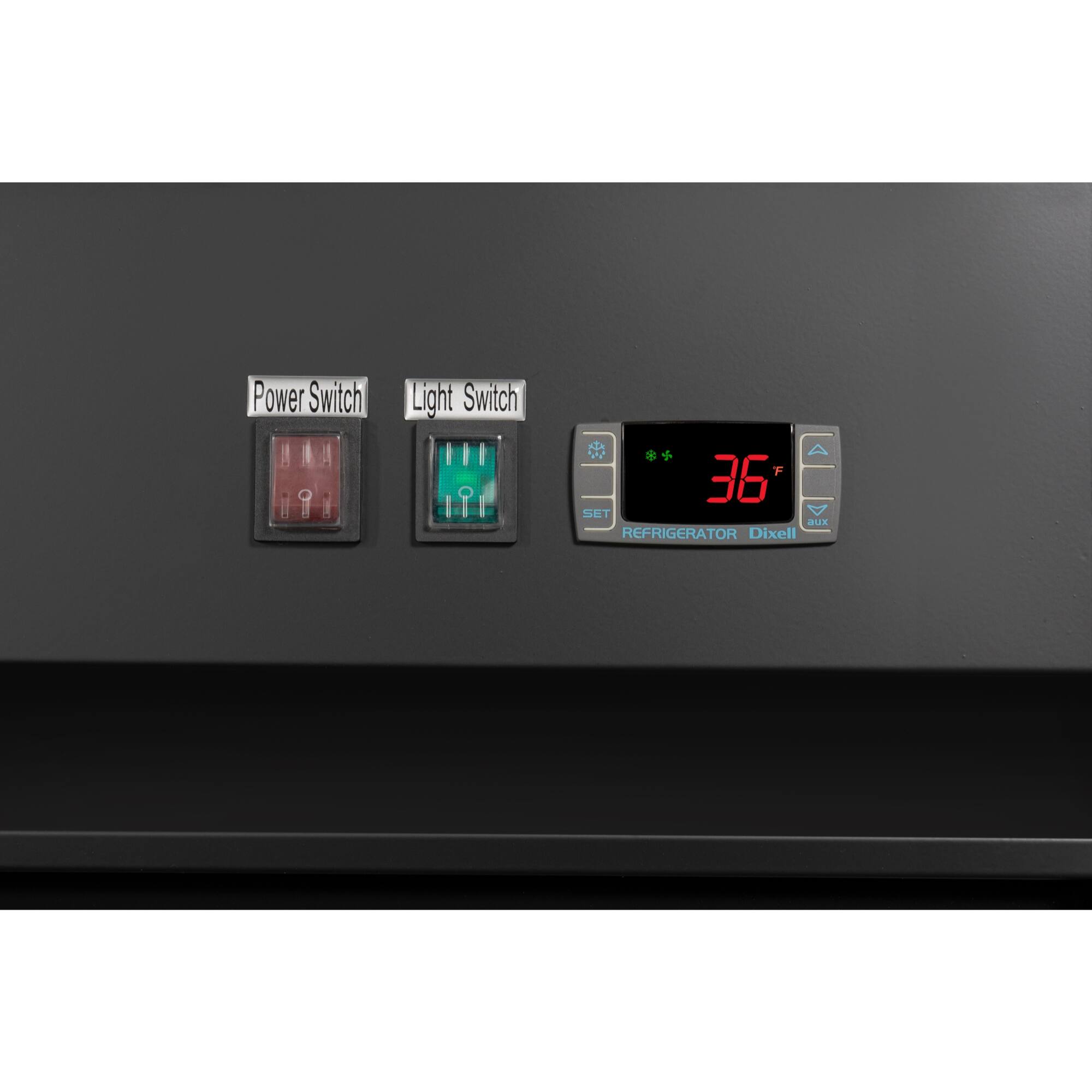 The text on the image reads: "Power Switch Light Switch F 36 SET a/c REFRIGERATOR Dixell." This text is grouped as follows:

1. "Power Switch Light Switch" - This is a description of the device's function.
2. "F 36 SET a/c REFRIGERATOR Dixell" - This is a brand name and model number for the refrigerator.