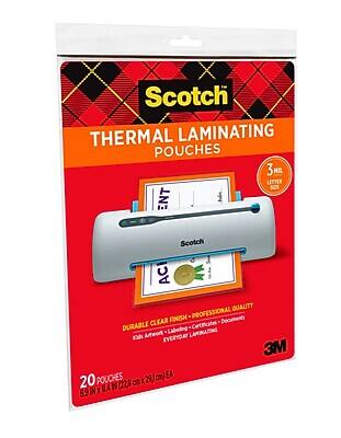 Scotch Thermal Laminating Pouches  
3 Mil Letter S2I  
Durable Clear Finish - Professional Quality  
Everyday Laminating  
20 Pouches  
8.5" x 11" (228 mm x 297 mm) EA  
3M