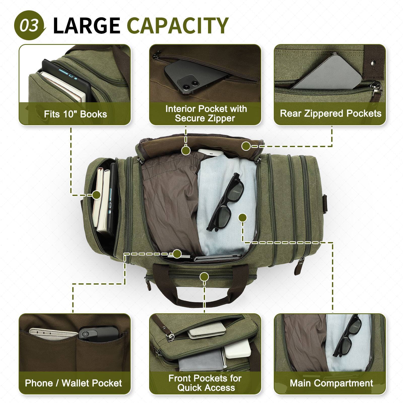 03 LARGE CAPACITY

- Fits 10" Books
- Interior Pocket with Secure Zipper
- Rear Zippered Pockets
- Phone / Wallet Pocket
- Front Pockets for Quick Access
- Main Compartment