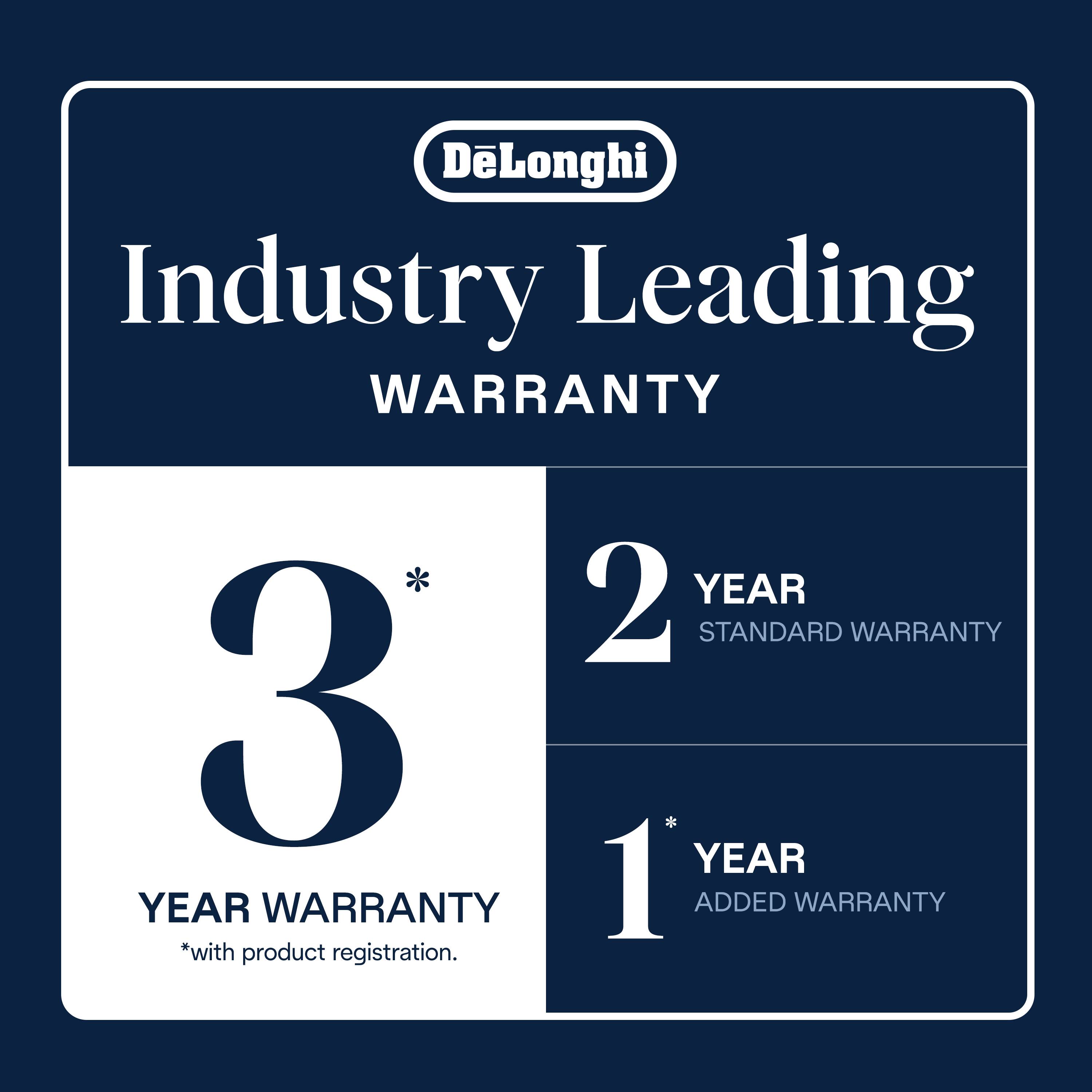 DeLonghi Industry Leading WARRANTY  
2 YEAR STANDARD WARRANTY  
3 YEAR WARRANTY *with product registration.  
1 YEAR ADDED WARRANTY *with product registration.