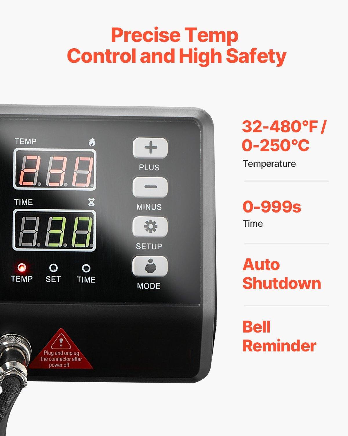 Precise Temp Control and High Safety

TEMP 8.8.8 TIME 8.8.8

TEMP SET TIME + PLUS MINUS SETUP MODE

32-480°F / 0-250°C

Temperature 0-999s

Time

Auto Shutdown

Bell Reminder

Plug and unplug the connector after power off