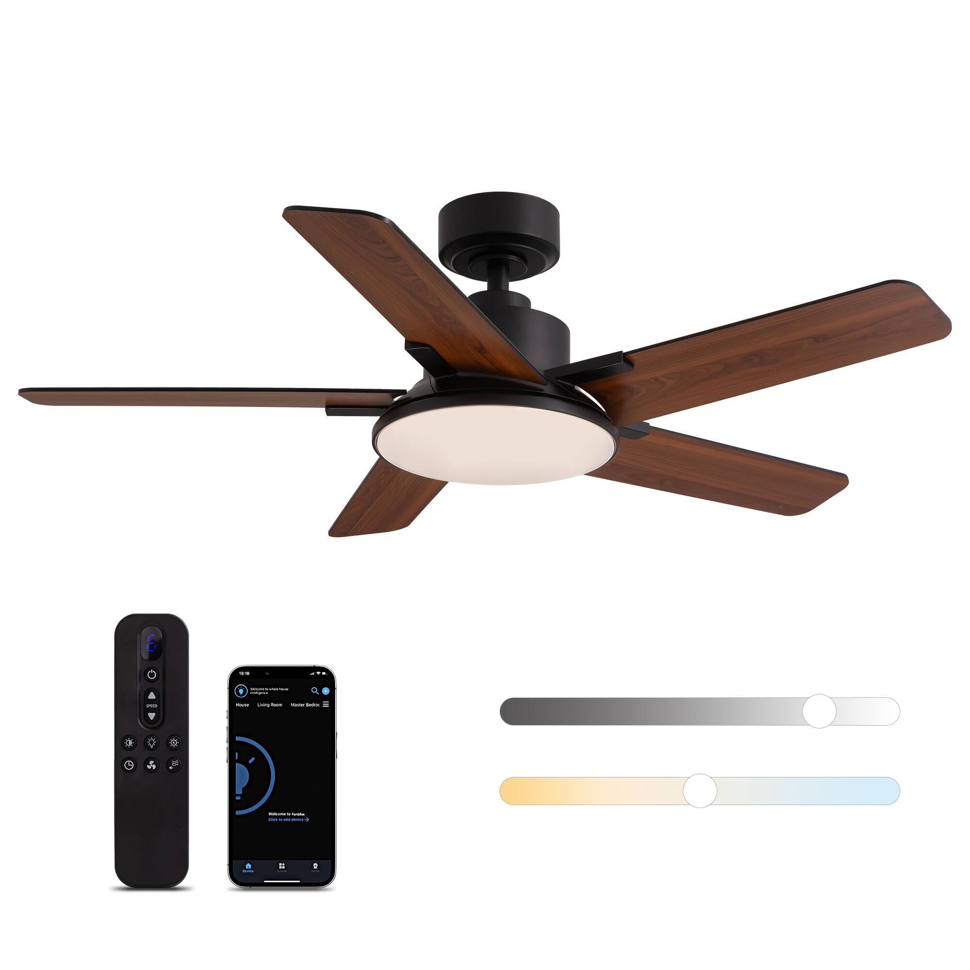 Left. Siljoy - 44-in Black Ceiling Fan with LED Light and Remote Control Include (5 Blades) For Bedroom Living Room and kitchen - Black.