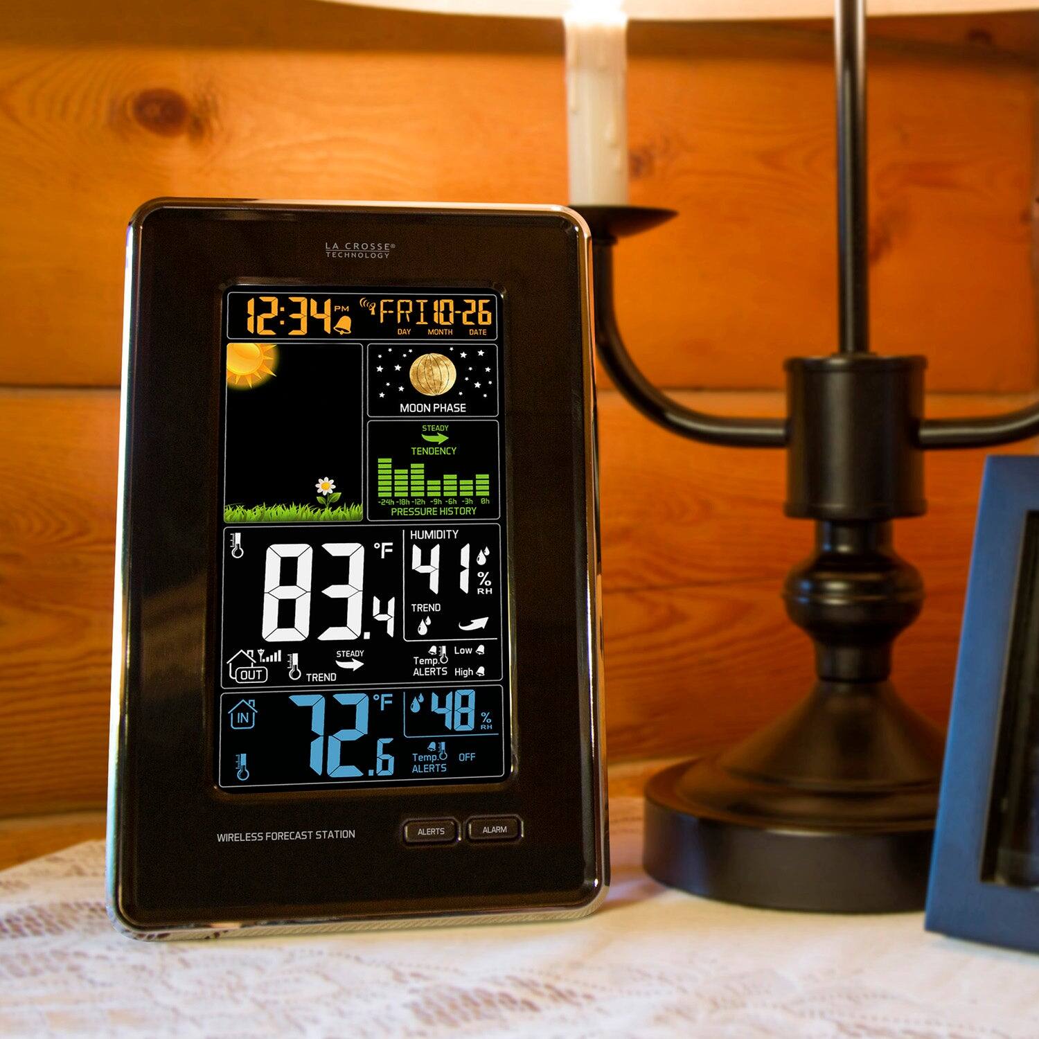 LACROSSE TECHNOLOGY

12:34 PM  
FRI 10-26

MOON PHASE  
STANDARD  
TENDENCY

PRESSURE HISTORY  
HUMIDITY  
83°F  
41% RH  
TREND  
STABLE

OUT  
72.6°F  
48% RH  
TREND  
STABLE

IN  
ALERTS OFF

WIRELESS FORECAST STATION  
ALERTS  
ALARM