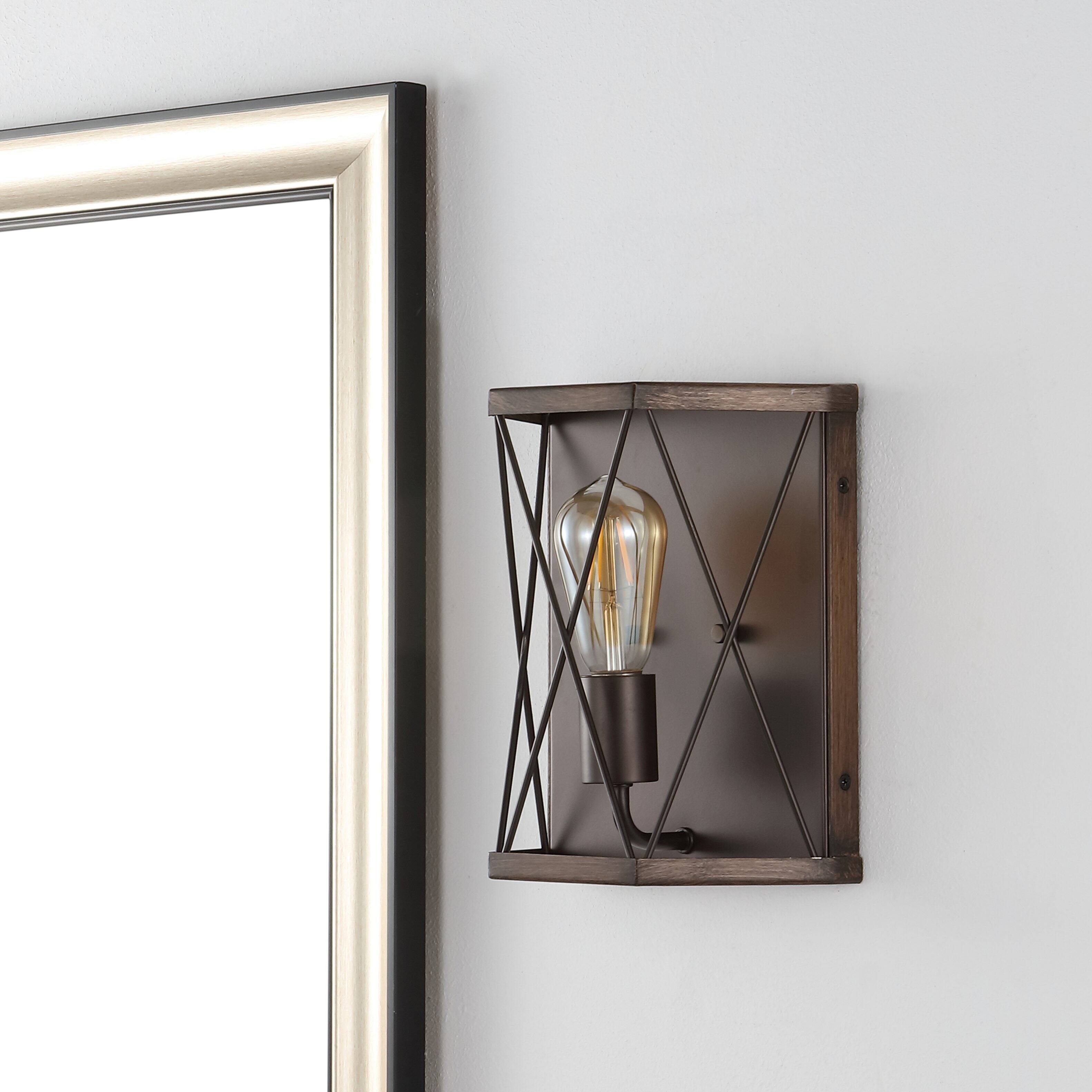 Alt View 8. Jonathan Y - Liam 8.25" 1-Light Rustic Farmhouse Iron LED Sconce, Wood Finished/Oil Rubbed Bronze - Dark Brown/Oil Rubbed Bronze.