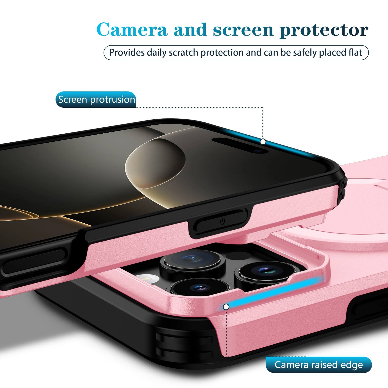 Camera and screen protector  
Provides daily scratch protection and can be safely placed flat  

Screen protrusion  
Camera raised edge