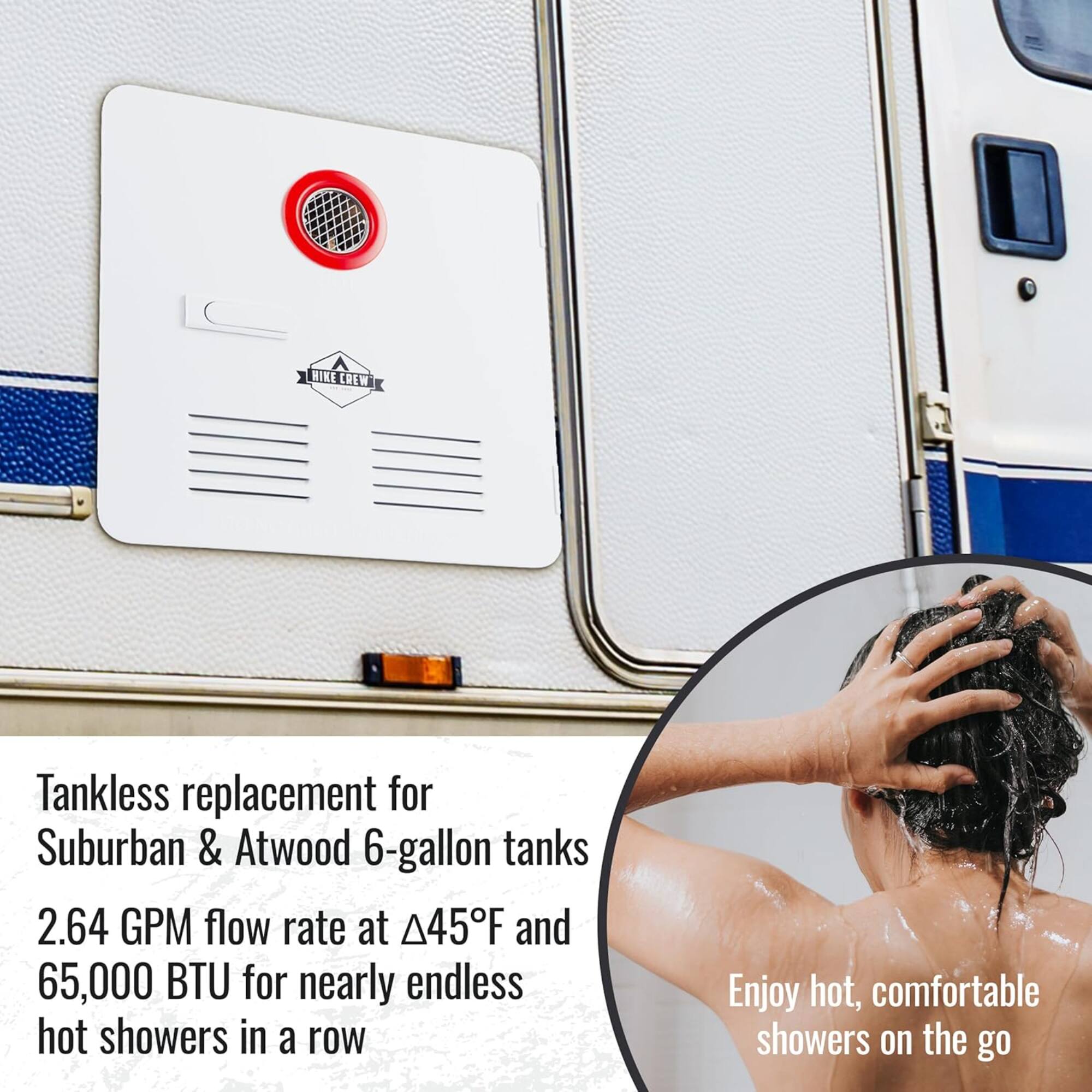 HIKE CREW Tankless replacement for Suburban & Atwood 6-gallon tanks  
2.64 GPM flow rate at 45°F and 65,000 BTU for nearly endless hot showers in a row  
Enjoy hot, comfortable showers on the go