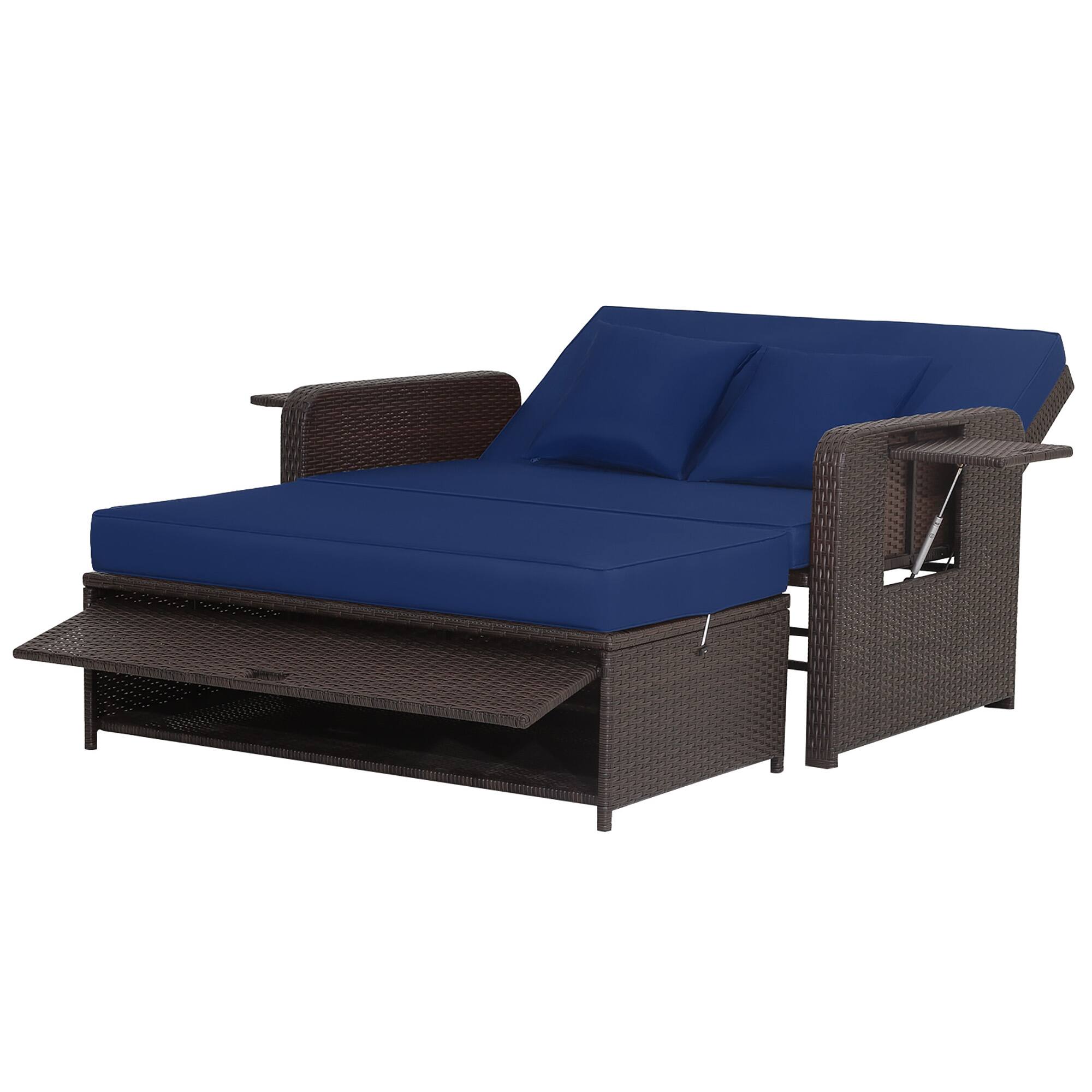 Front. Gymax - Gymax Rattan Loveseat Set Daybed Lounge Storage Ottoman Side Tables Adjust Patio Navy - Brown.