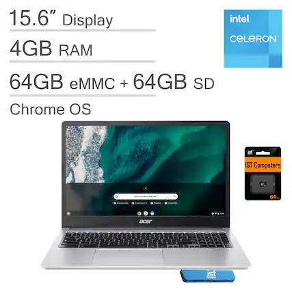 15.6" Display
4GB RAM
64GB eMMC + 64GB SD
Chrome OS
Intel Celeron
IST Computers