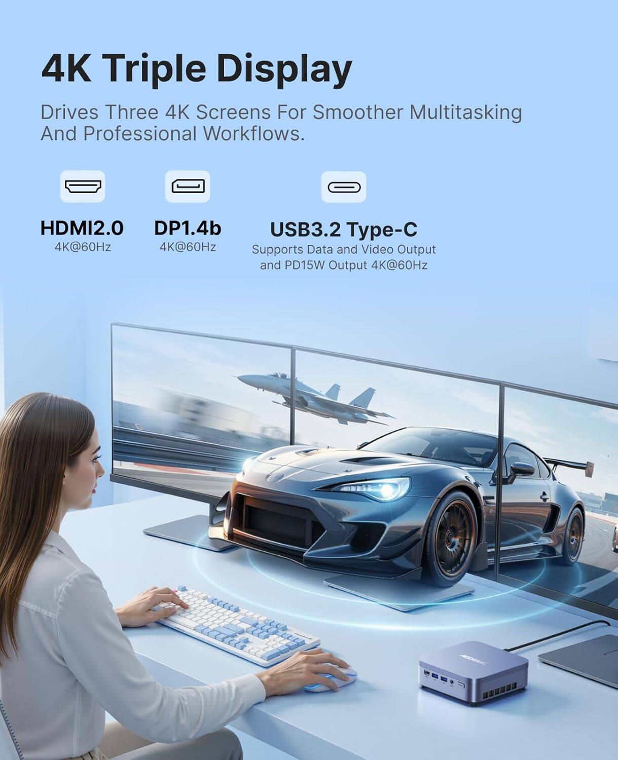 4K Triple Display  
Drives Three 4K Screens For Smoother Multitasking And Professional Workflows.  

HDMI2.0  
4K@60Hz  

DP1.4b  
4K@60Hz  

USB3.2 Type-C  
Supports Data and Video Output and PD15W Output 4K@60Hz