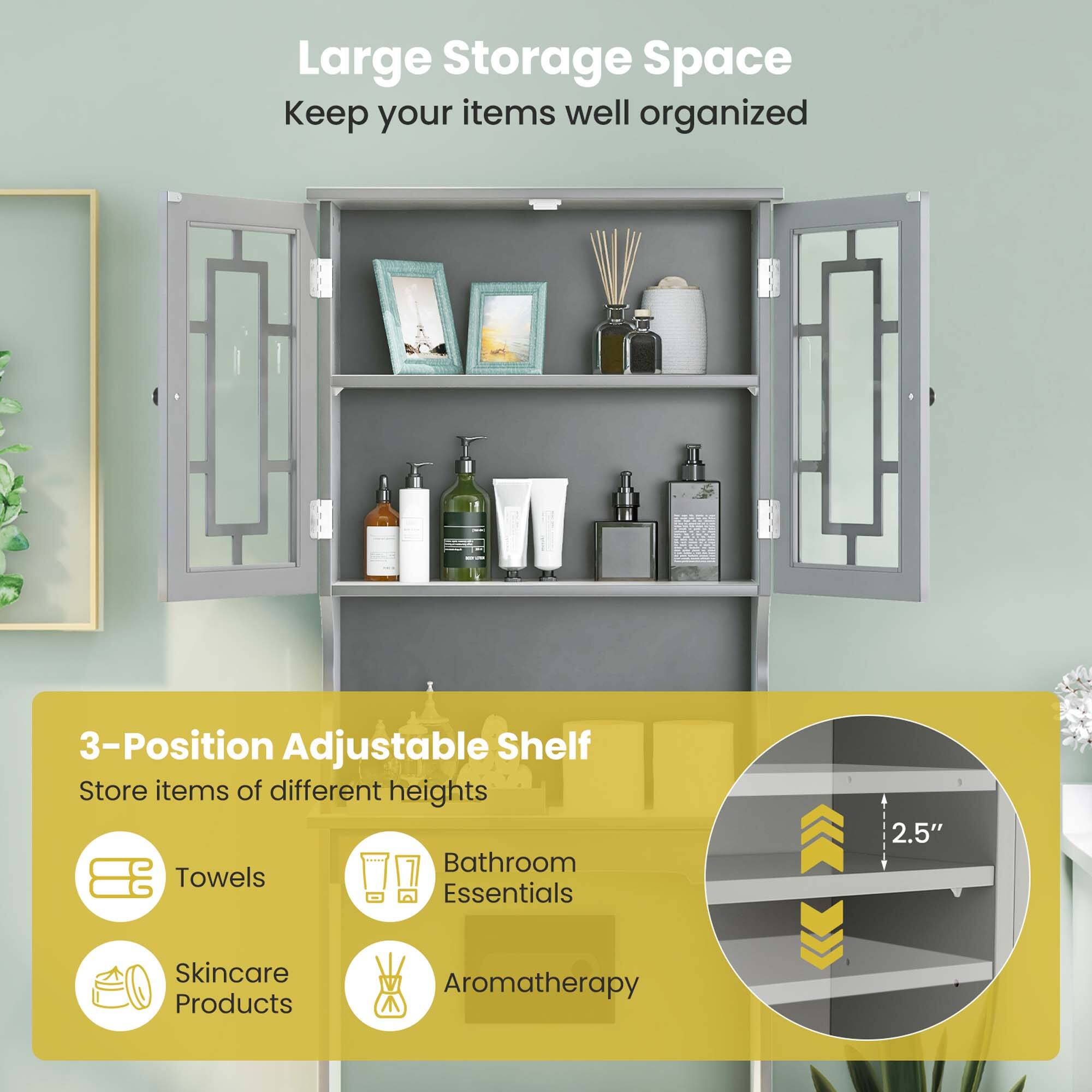 Large Storage Space  
Keep your items well organized  

3-Position Adjustable Shelf  
Store items of different heights  

- Towels  
- Skincare Products  
- Bathroom Essentials  
- Aromatherapy  

2.5"