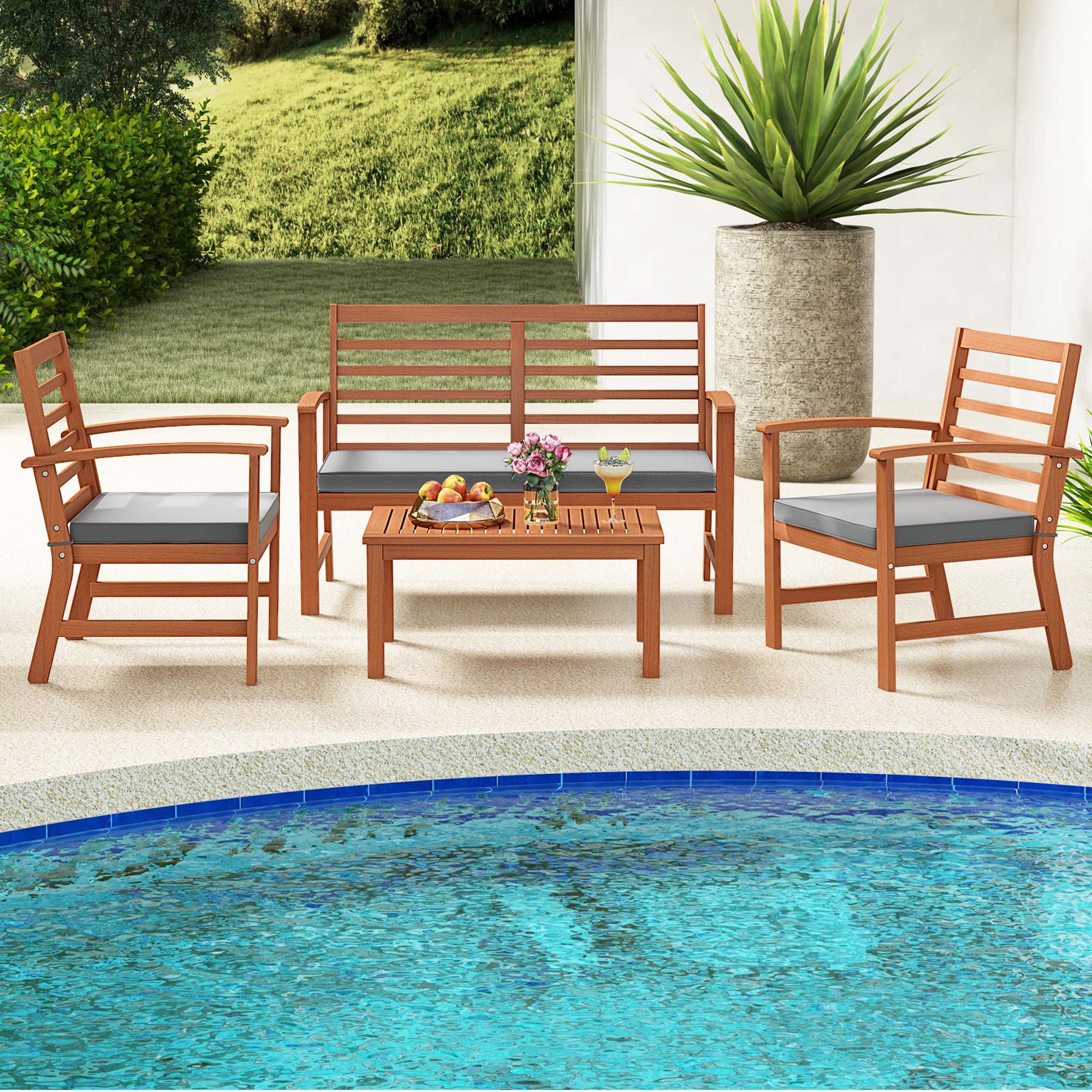 Alt View 3. Costway - Costway 4 PCS Outdoor Furniture Set with Soft Seat Cushions Stable Acacia Wood Frame - Grey.
