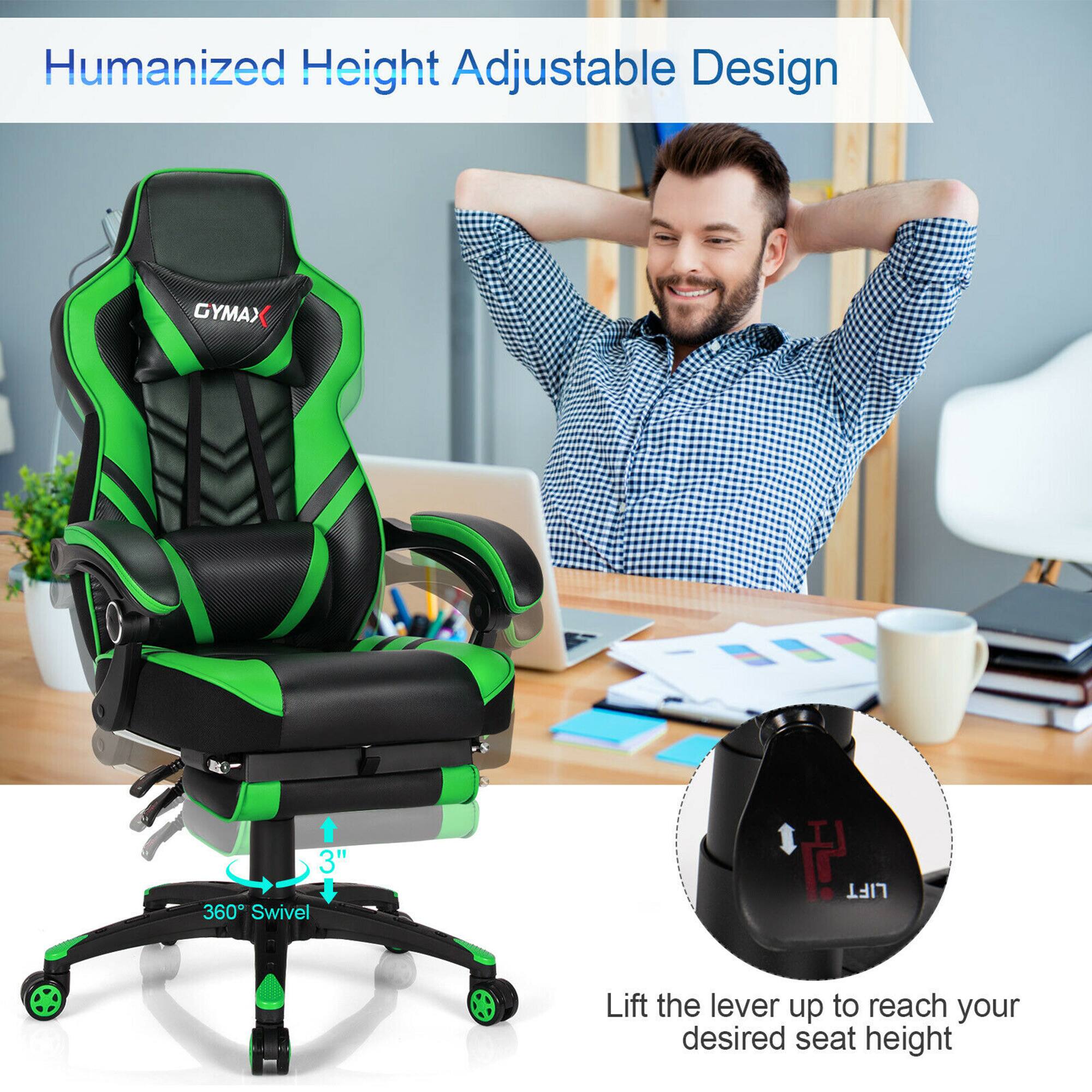 Humanized Height Adjustable Design (GYMAX) 3" 360 Swivel H LIFT: Lift the lever up to reach your desired seat height.
