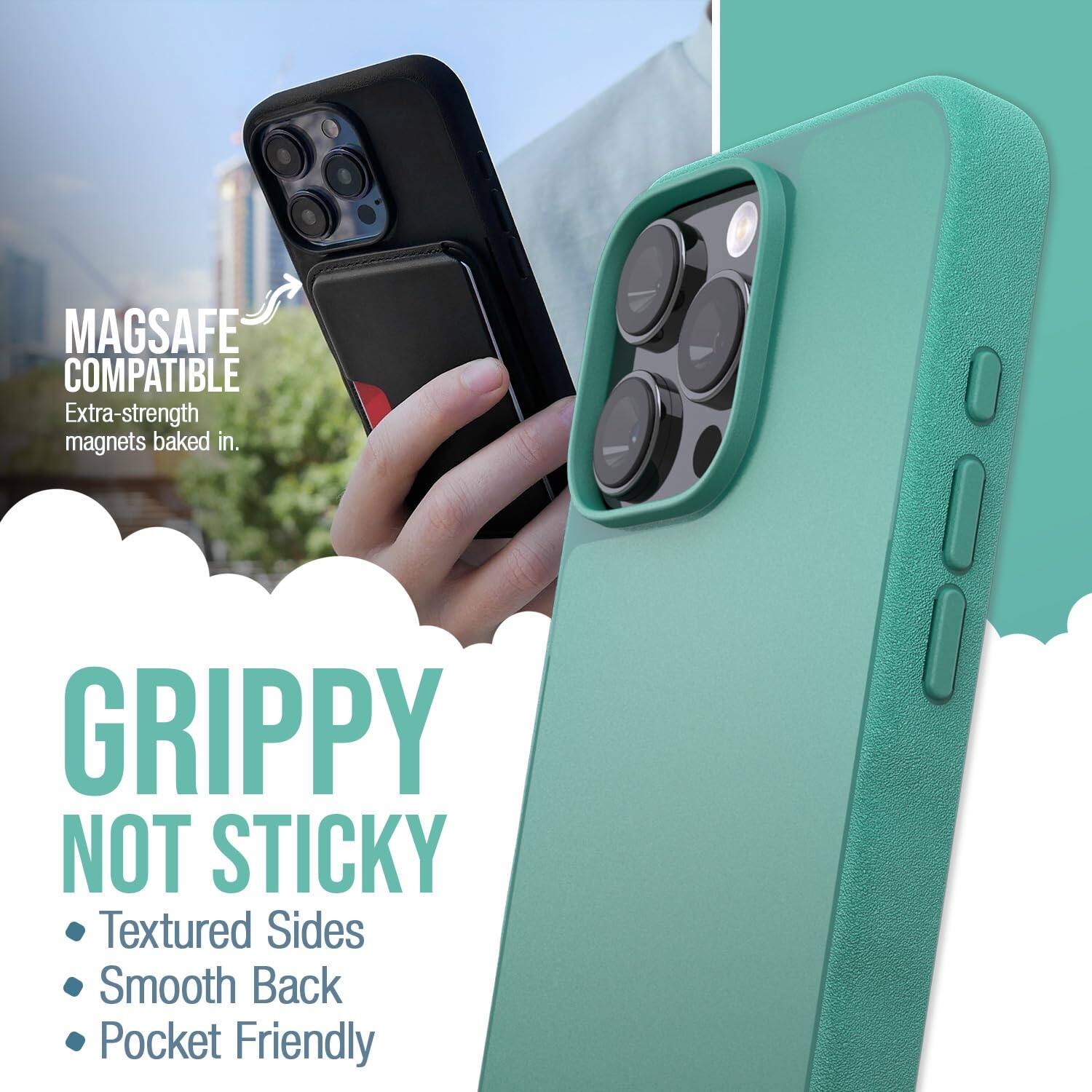 MAGSAFE COMPATIBLE  
Extra-strength magnets baked in.  

GRIPPY NOT STICKY  
Textured Sides  
Smooth Back  
Pocket Friendly