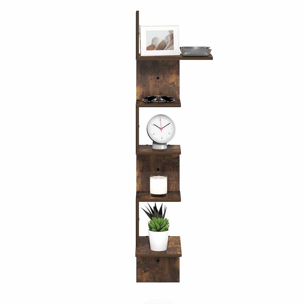 Back. Furinno - ROSSI Corner Floating Shelves for Wall, Corner Rectangular Wall Shelf, S-shape Radial Floating Book Shelf, Easy Assembly - Amber Pine.