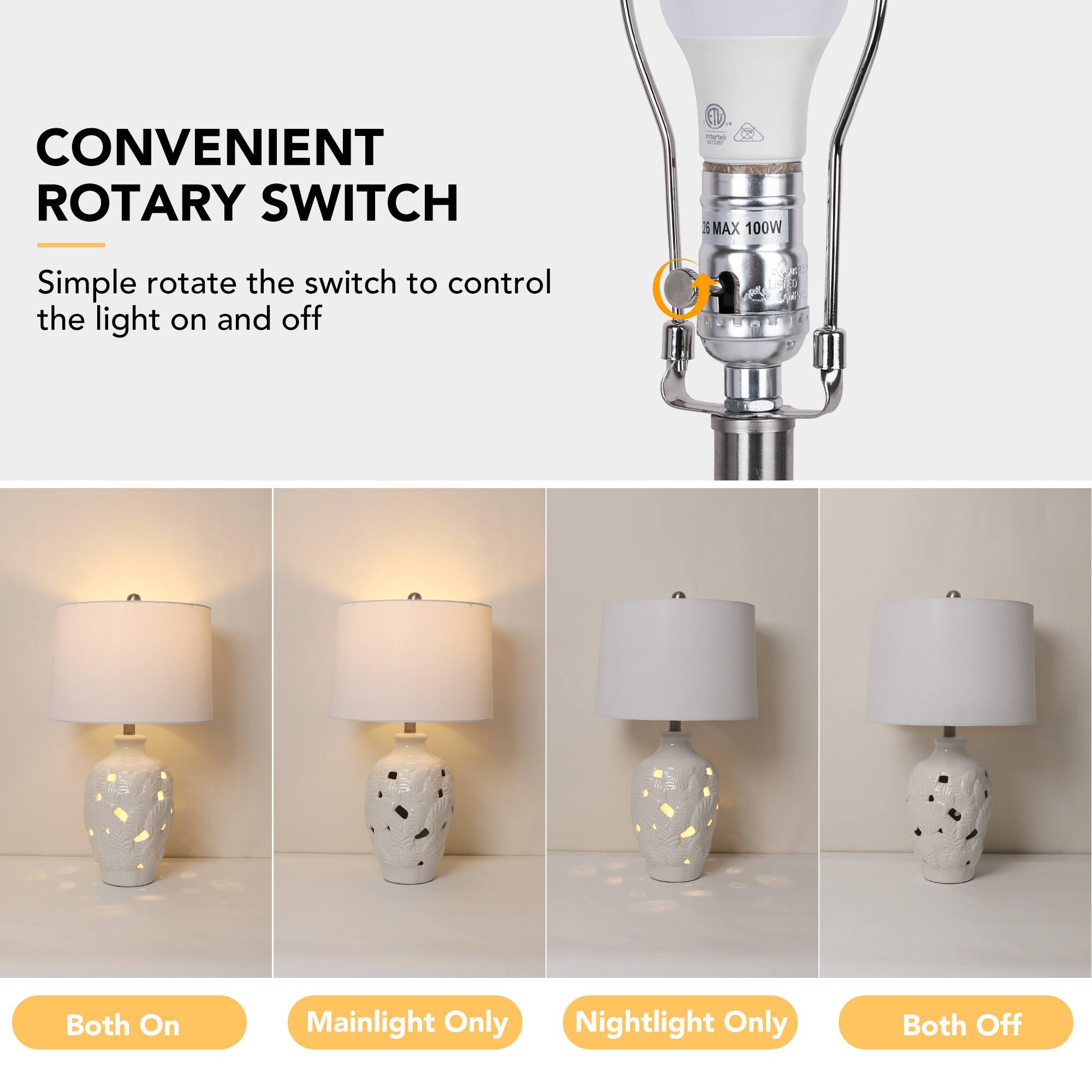 CONVENIENT ROTARY SWITCH

J Marby 36 MAX 100W

Simple rotate the switch to control the light on and off

Both On
Mainlight Only
Nightlight Only
Both Off