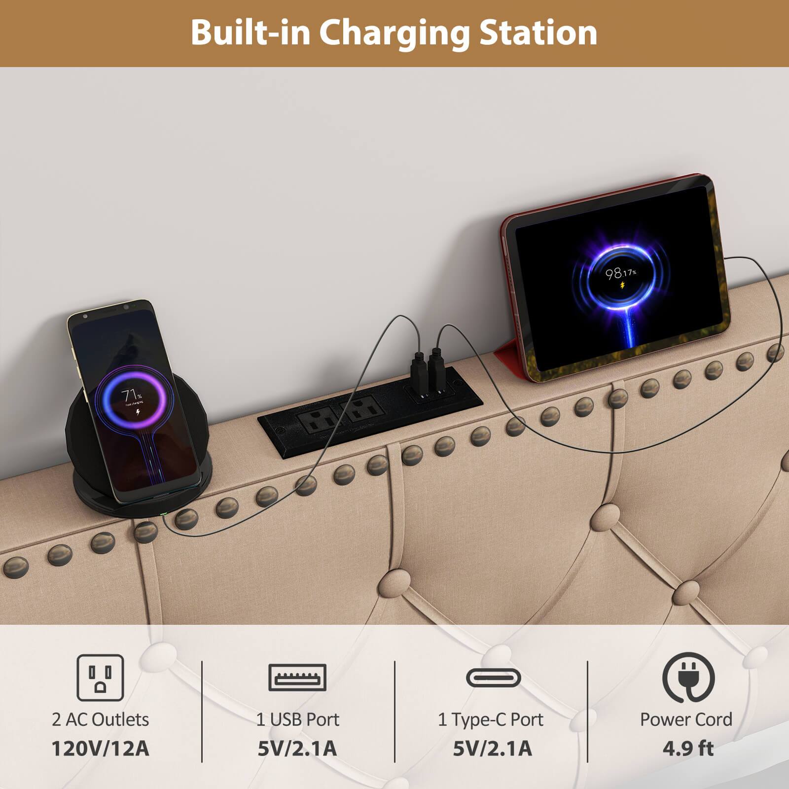 Built-in Charging Station

- 2 AC Outlets: 120V/12A
- 1 USB Port: 5V/2.1A
- 1 Type-C Port: 5V/2.1A
- Power Cord: 4.9 ft