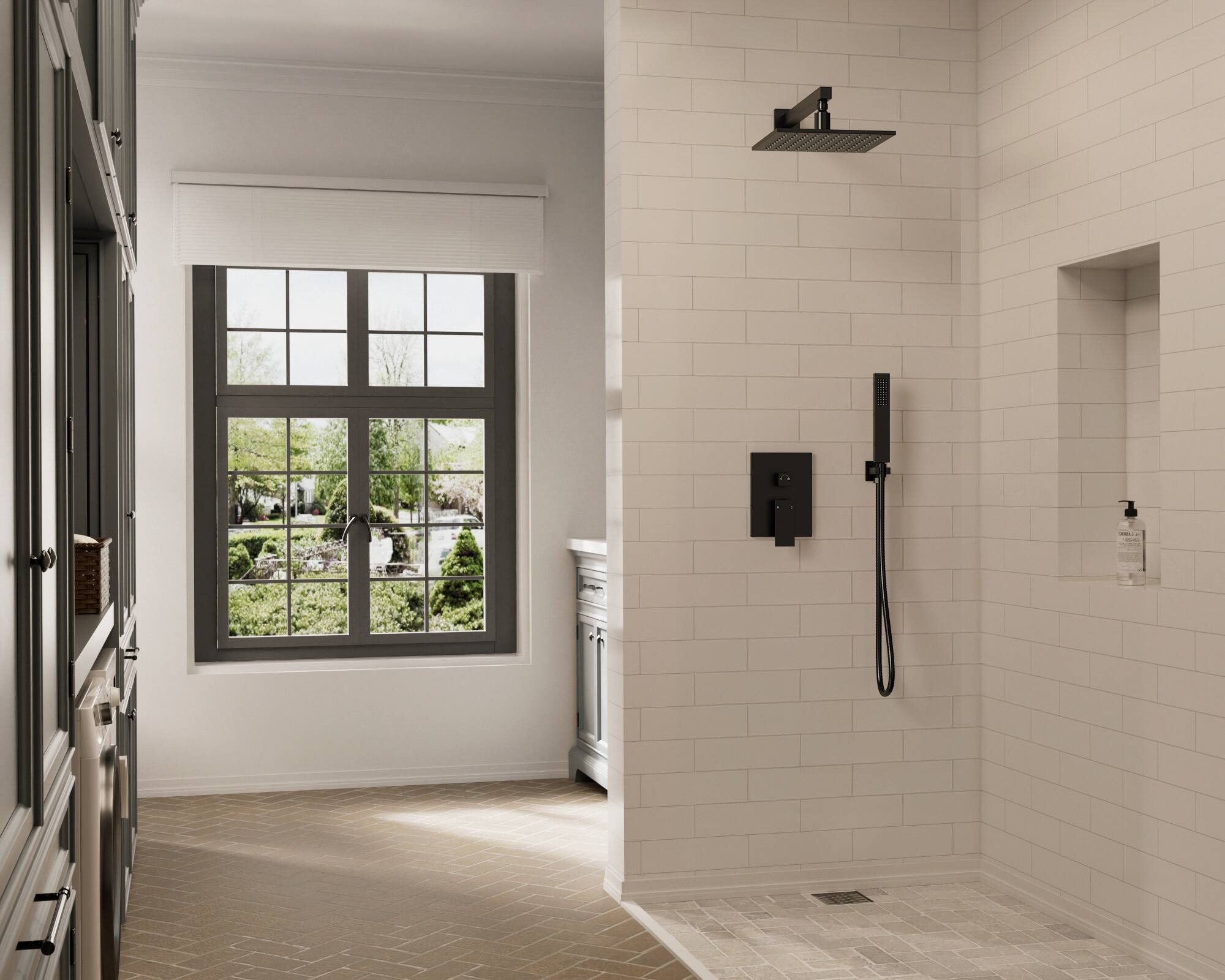 Left. GRANDJOY - LED Rainfall Dual Function Shower System with Pressure Balance Valve - Matte Black.