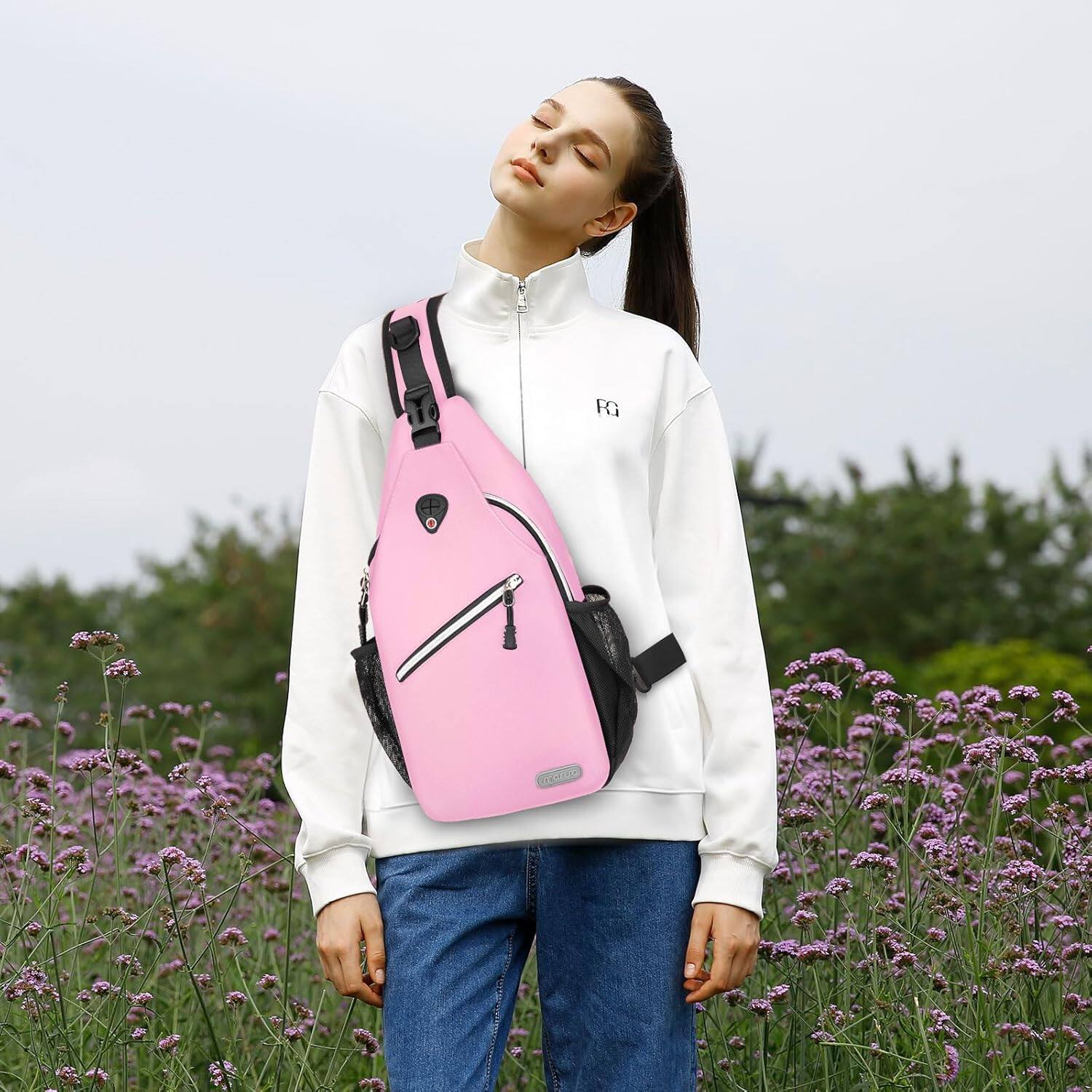 Alt View 3. mosiso - Sling Backpack Multipurpose Crossbody Shoulder Bag Travel Hiking Daypack - Light Pink.