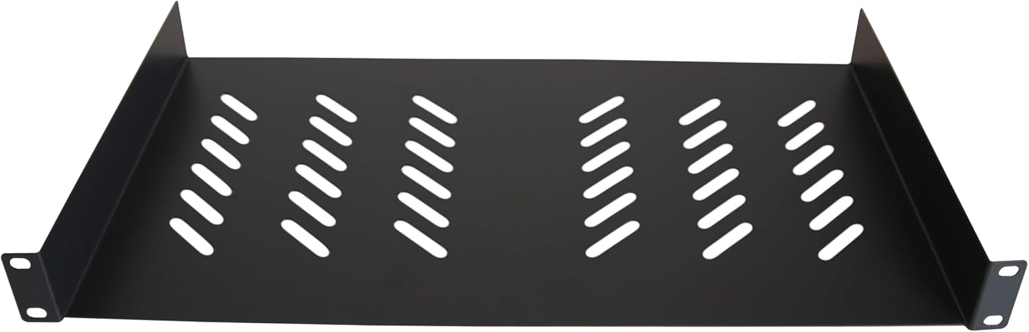 Left. Cables Direct Online - 1U 19" Universal Vented Server Rack Shelf - 10" (250mm) Deep Steel Tray No-Lip, 11 lb Max Capacity - Black.