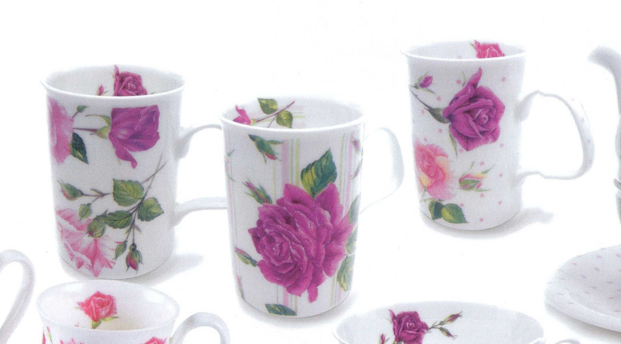 Front. Jiallo - Roy Kirkham Lancaster Mug - Rose Du Temps Set of 6, Bone China Ceramic Made in England - Mutli color.