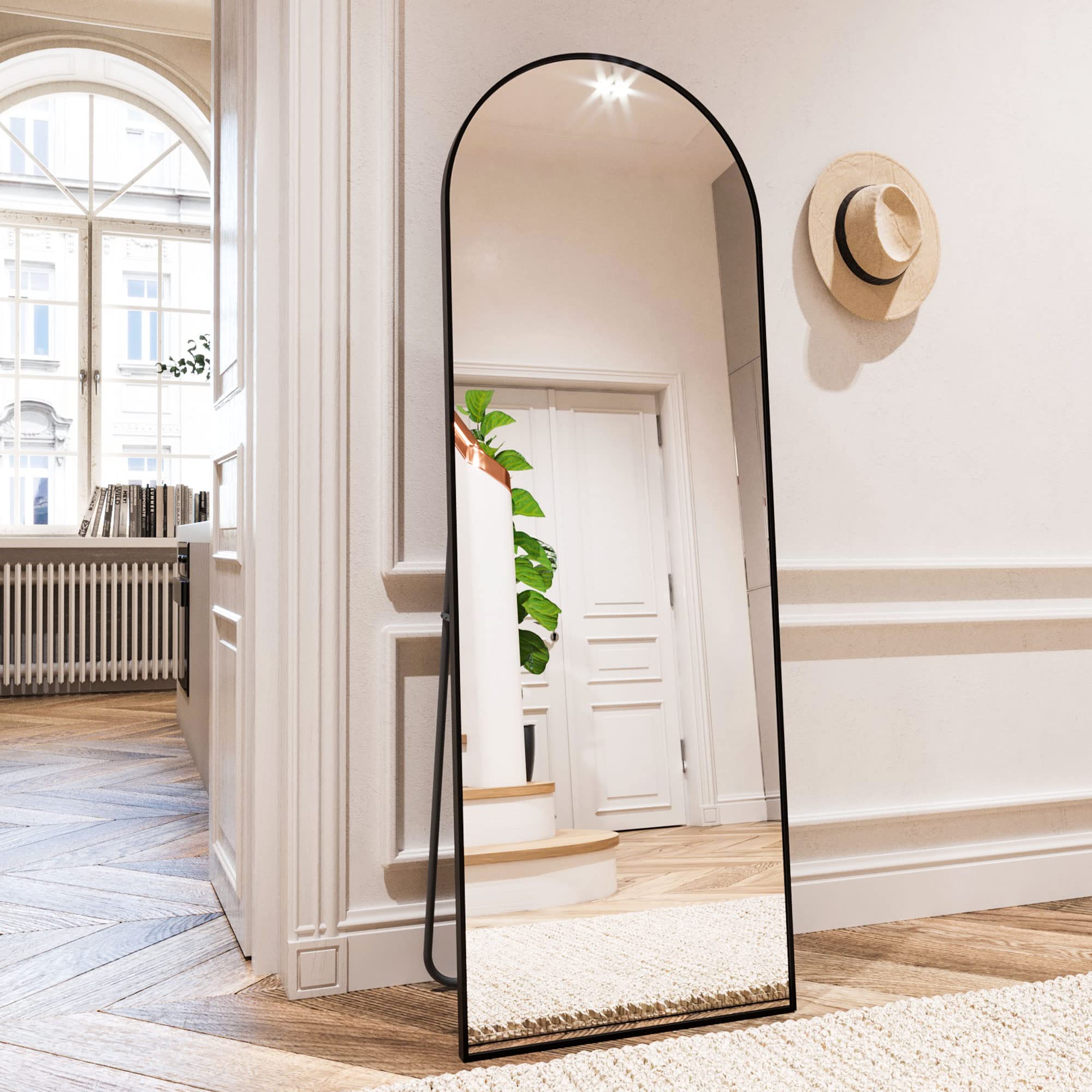 Angle. HOMLUX - Arched Full Length Floor Mirror Black Aluminum Frame Free Standing Leaning Wall Mount for Bedroom Entryway.